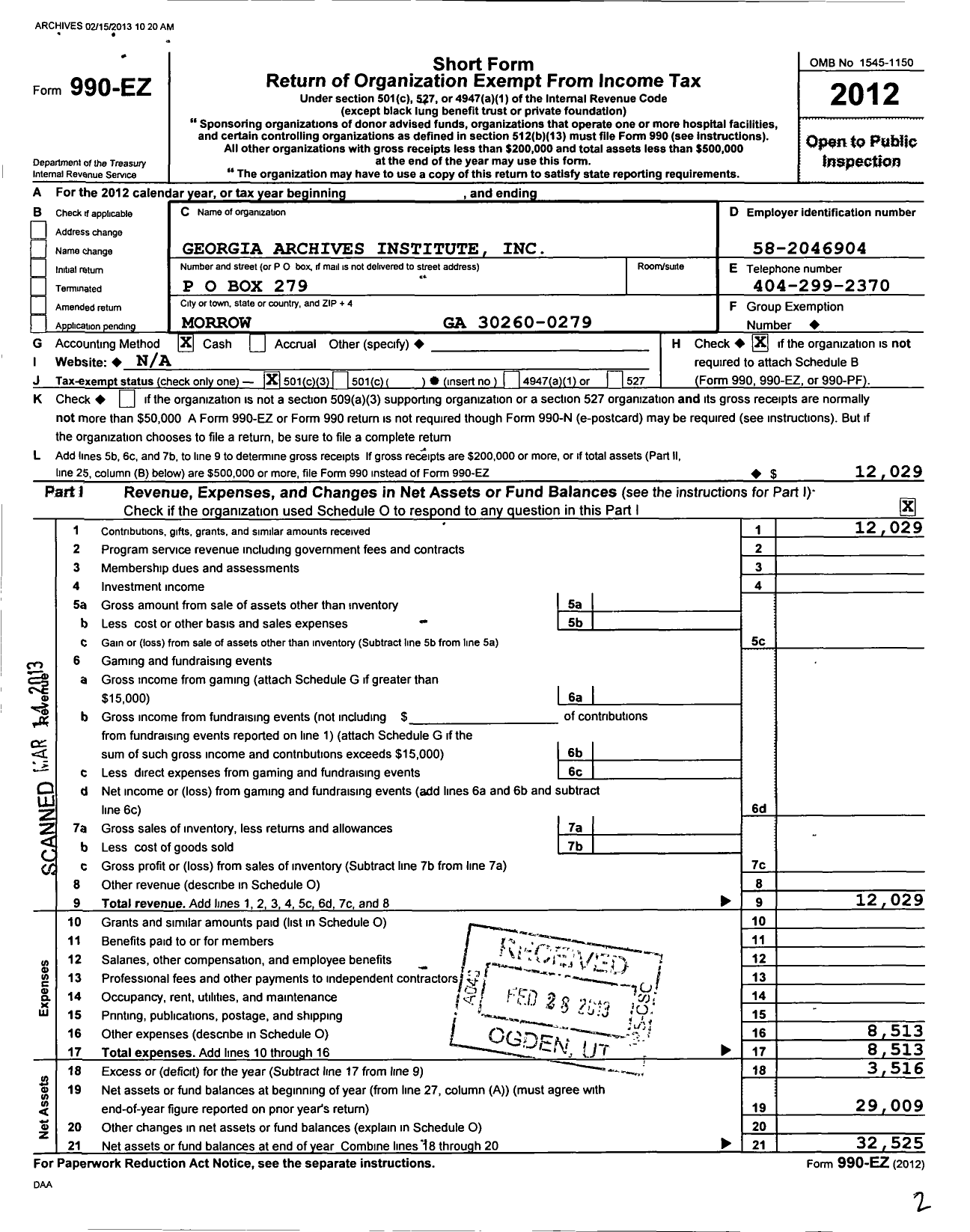 Image of first page of 2012 Form 990EZ for Georgia Archives Institute