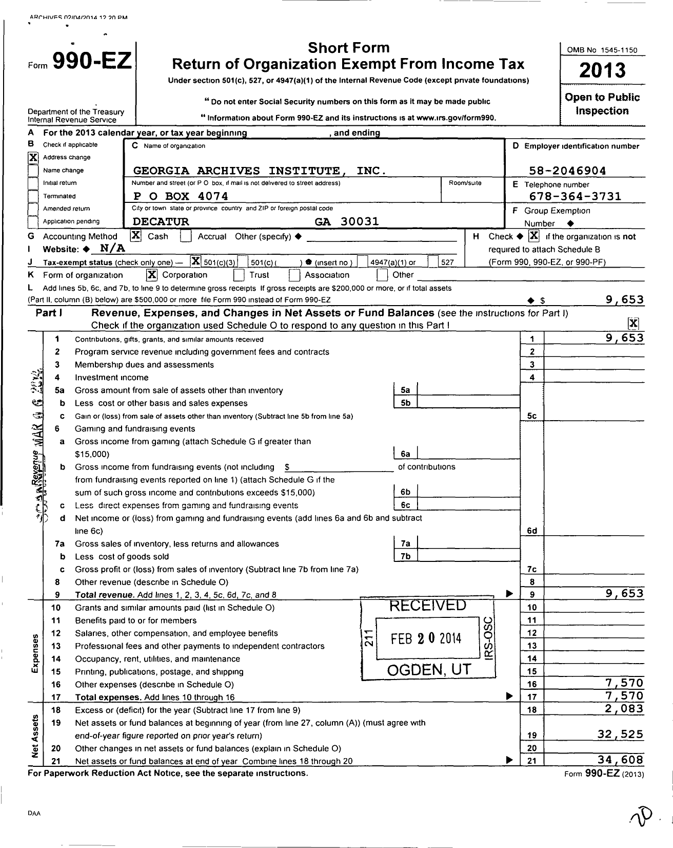 Image of first page of 2013 Form 990EZ for Georgia Archives Institute