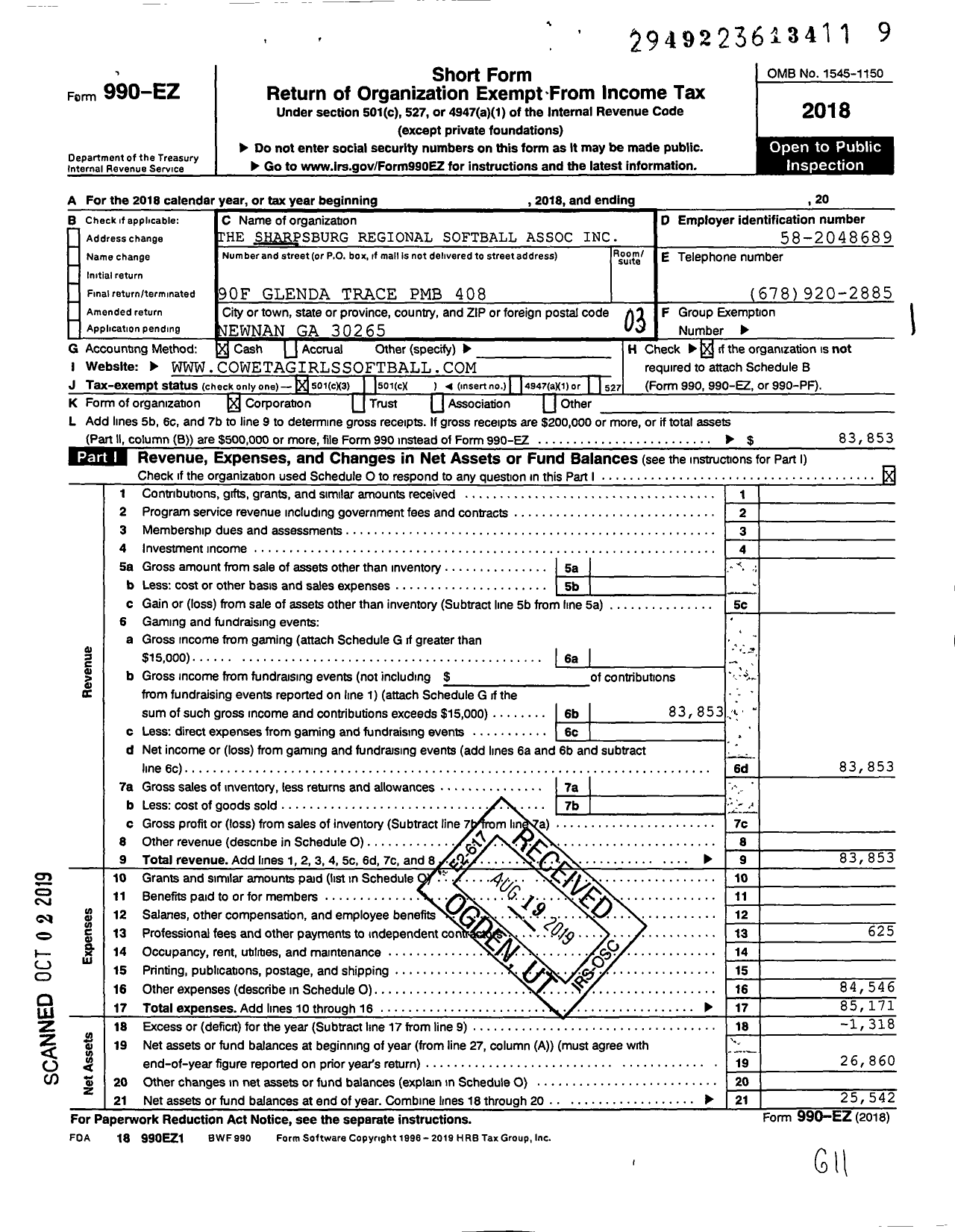 Image of first page of 2018 Form 990EZ for The Sharpsburg Regional Softball Association