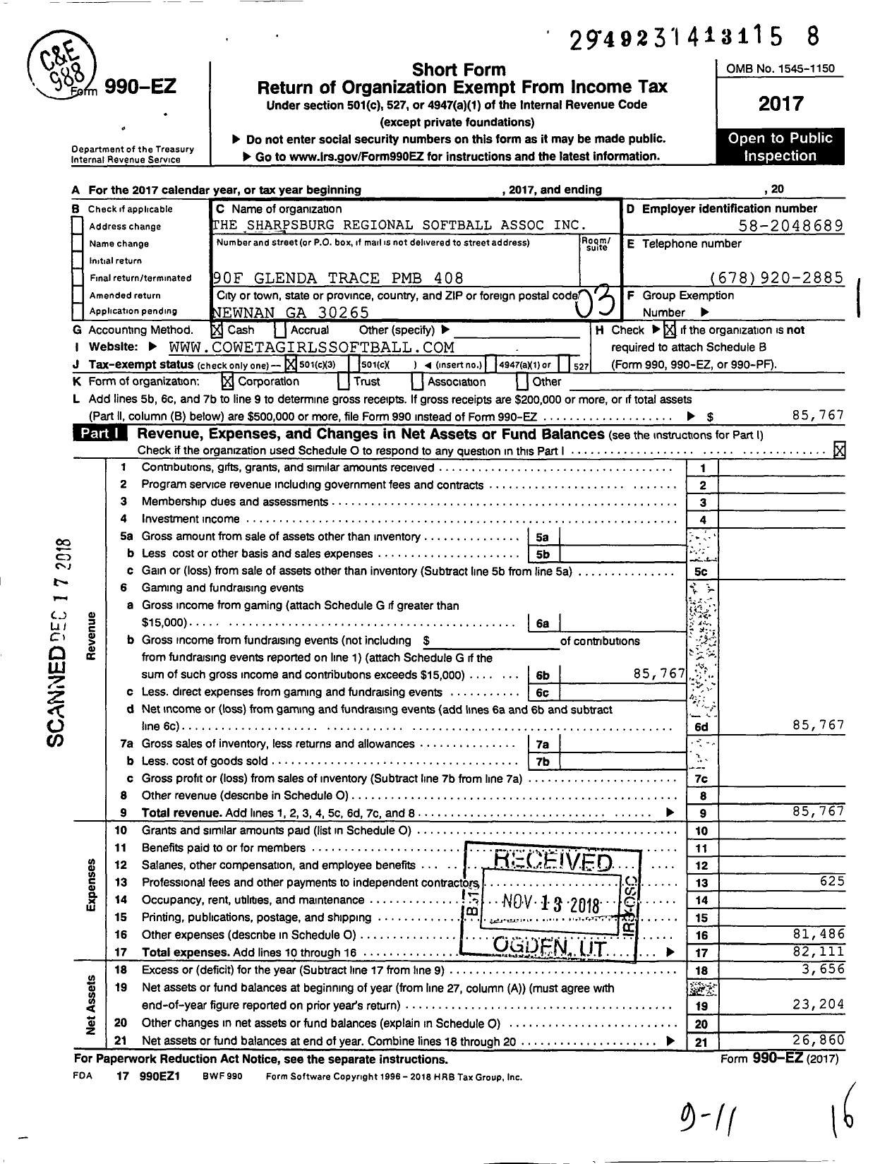 Image of first page of 2017 Form 990EZ for The Sharpsburg Regional Softball Association