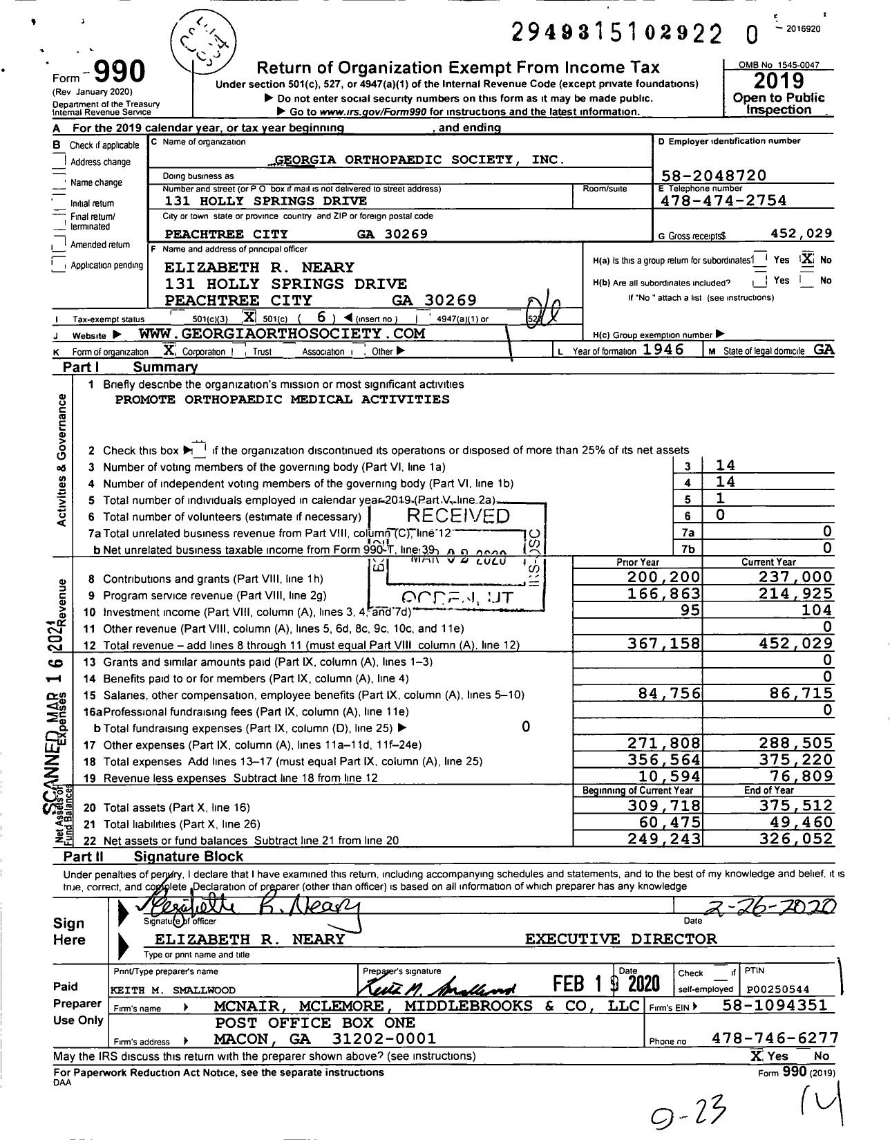Image of first page of 2019 Form 990O for Georgia Orthopaedic Society