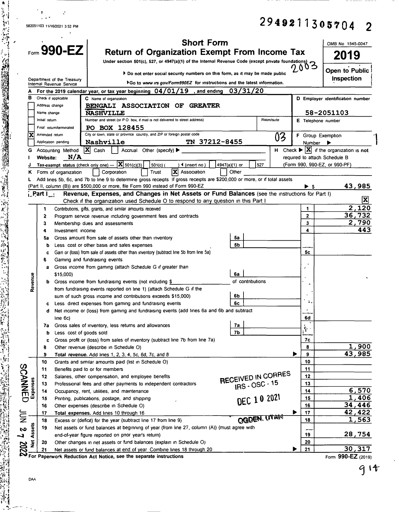 Image of first page of 2019 Form 990EZ for Bengali Association of Greater Nashville