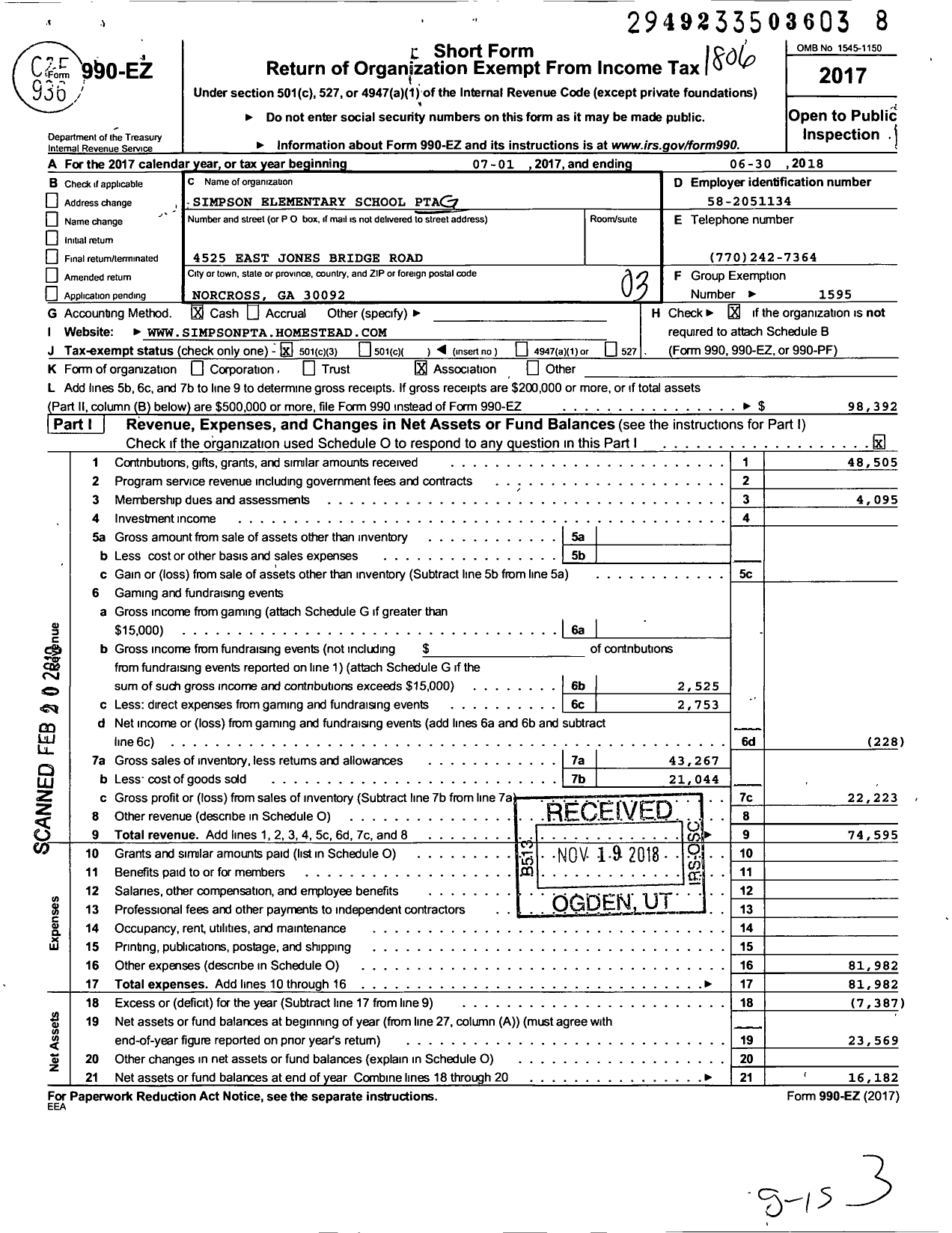 Image of first page of 2017 Form 990EZ for Georgia PTA - Simpson Es PTA