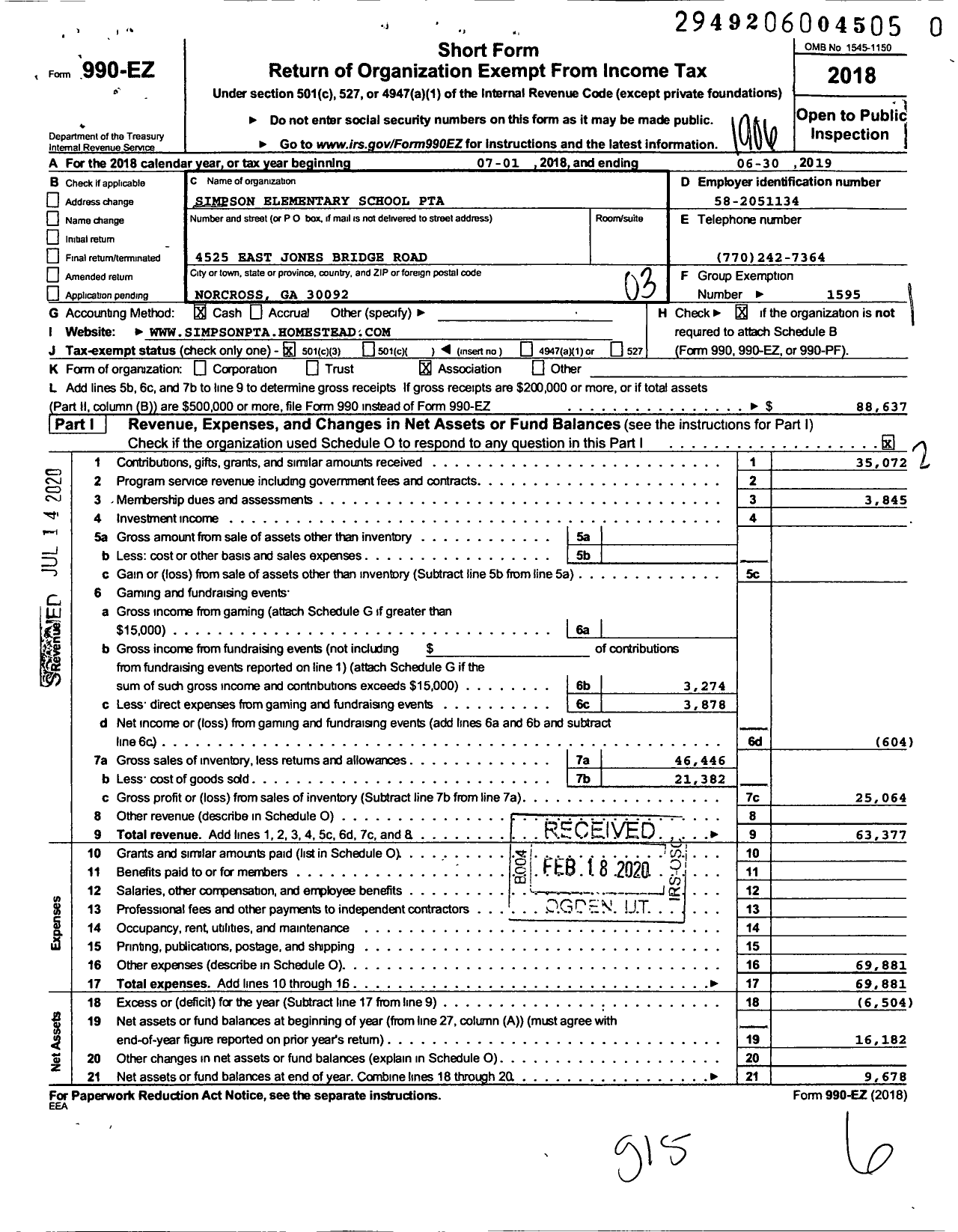 Image of first page of 2018 Form 990EZ for Georgia PTA - Simpson Es PTA