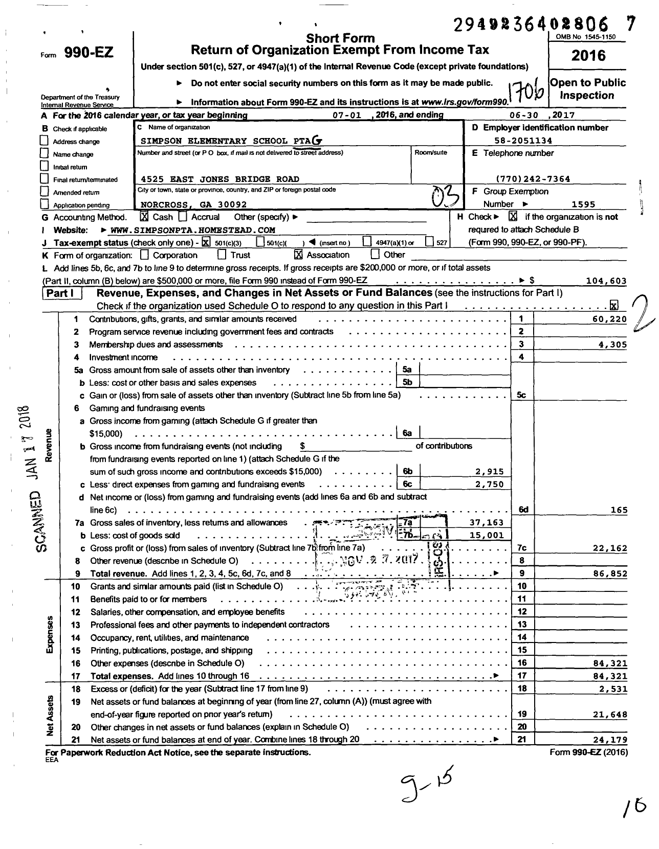 Image of first page of 2016 Form 990EZ for Georgia PTA - Simpson Es PTA