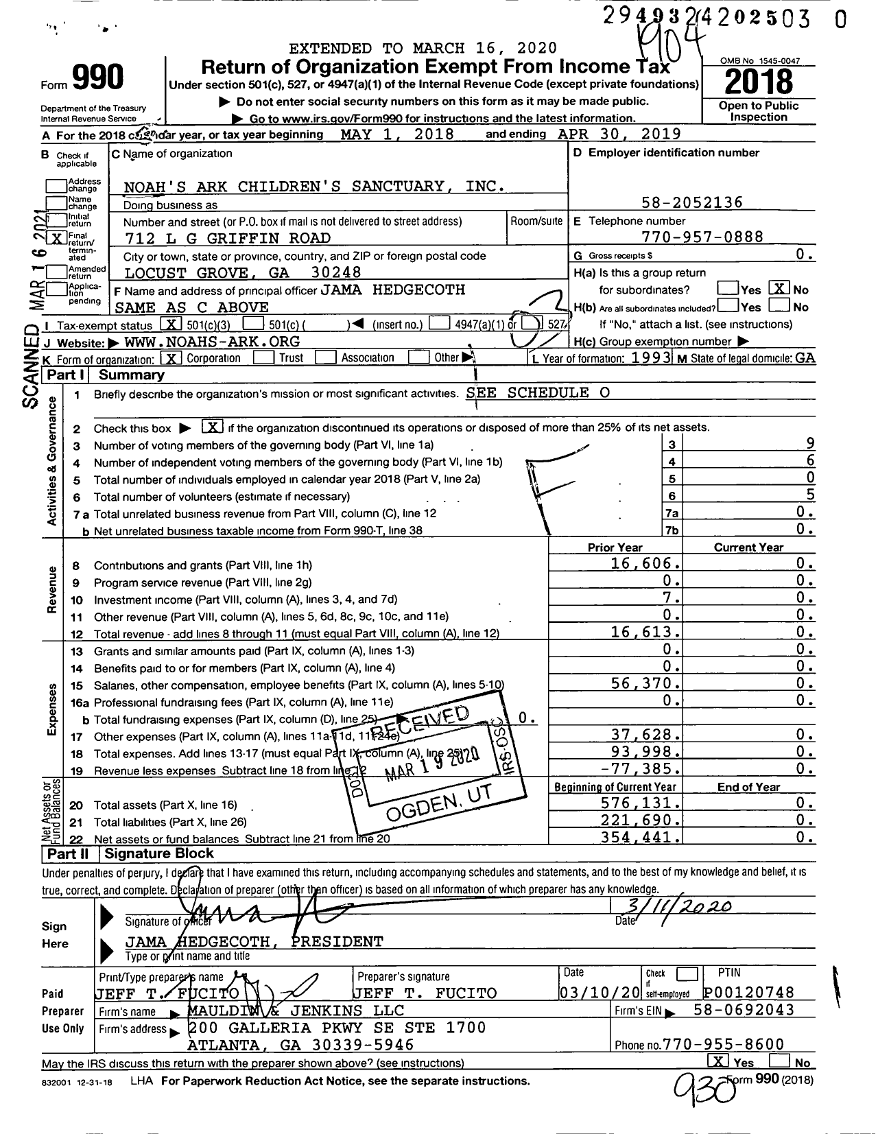 Image of first page of 2018 Form 990 for Noah's Ark Animal Children's Sanctuary I Sanctuary