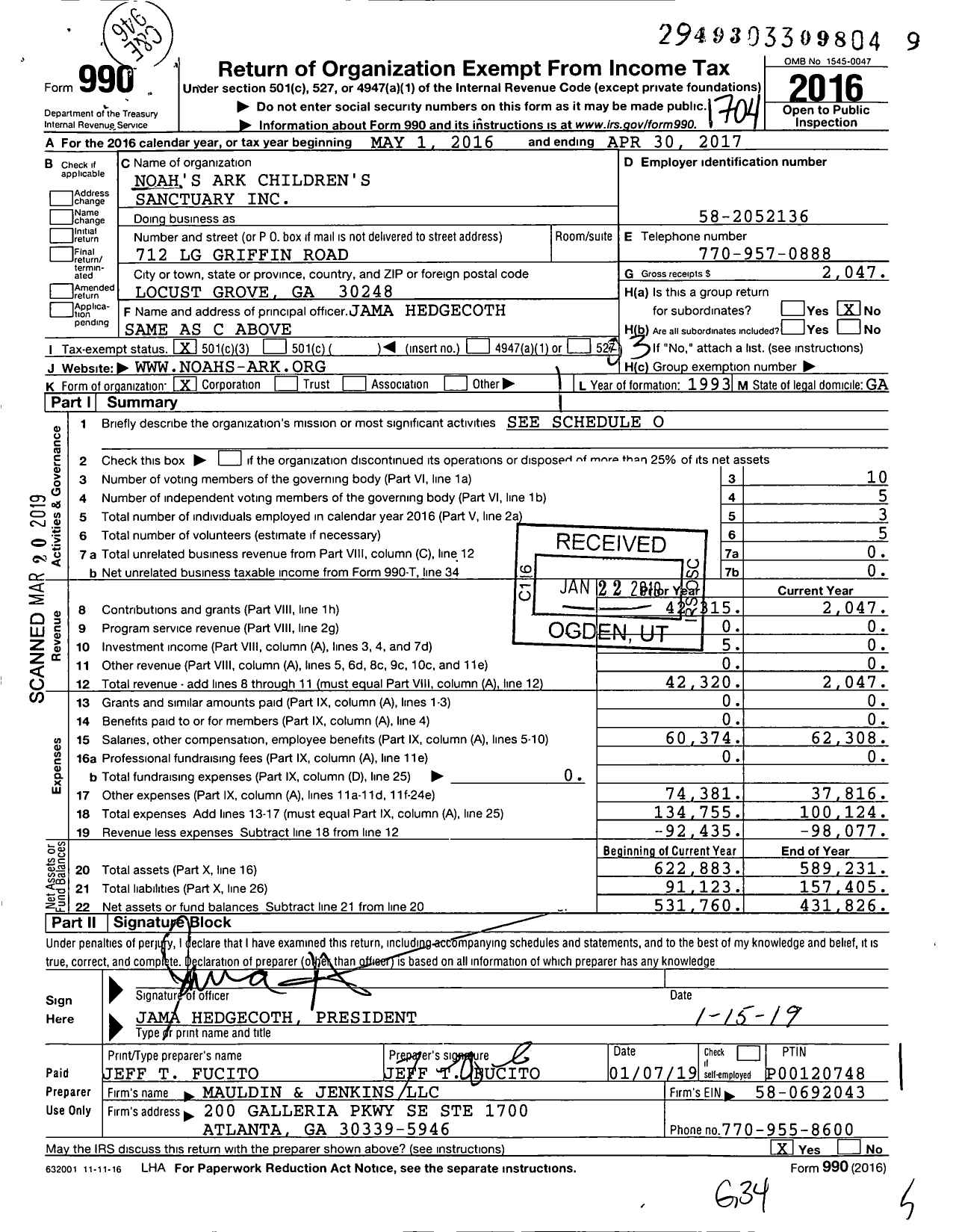 Image of first page of 2016 Form 990 for Noah's Ark Animal Children's Sanctuary I Sanctuary