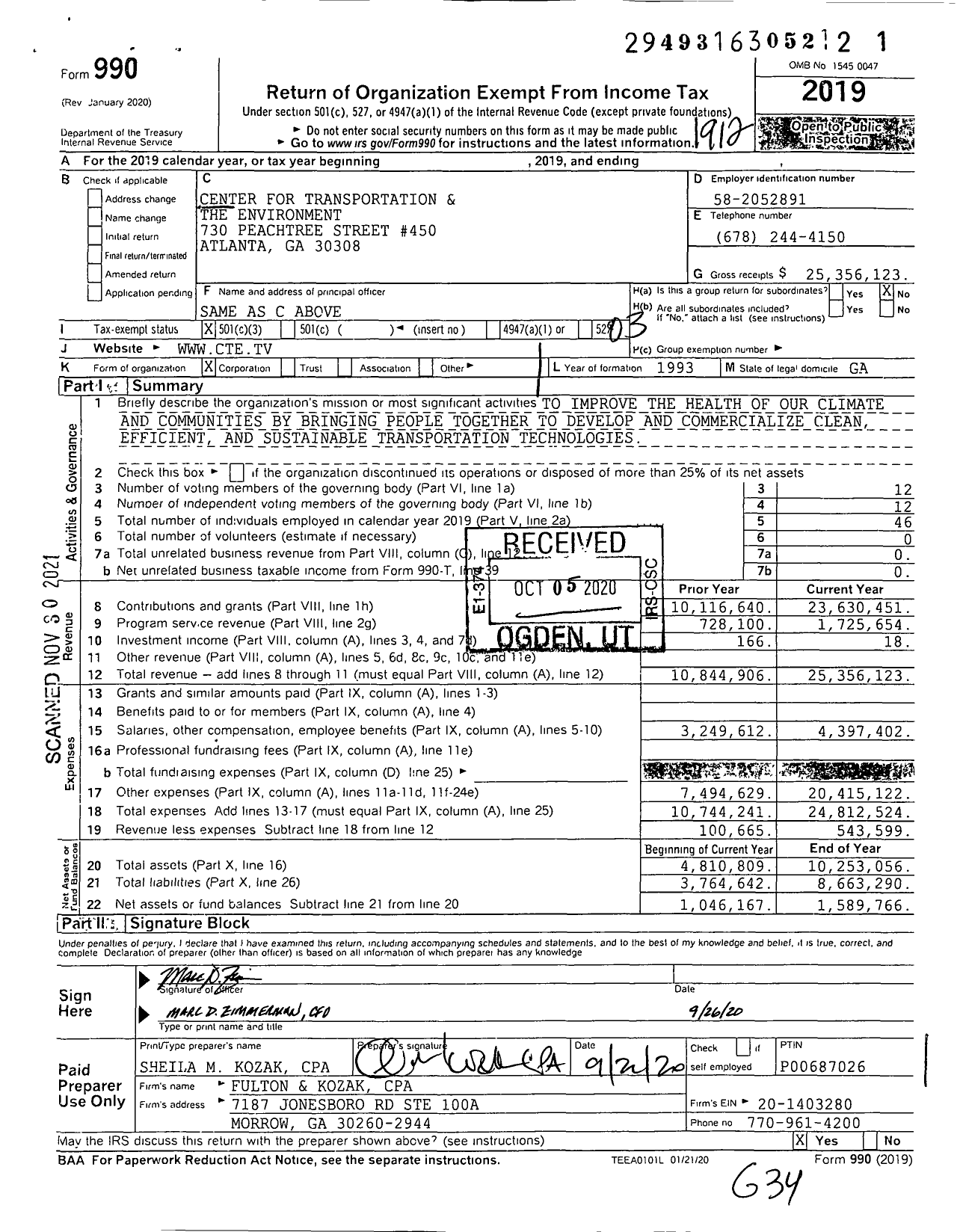 Image of first page of 2019 Form 990 for Center for Transportation and the Enviroment (CTE)