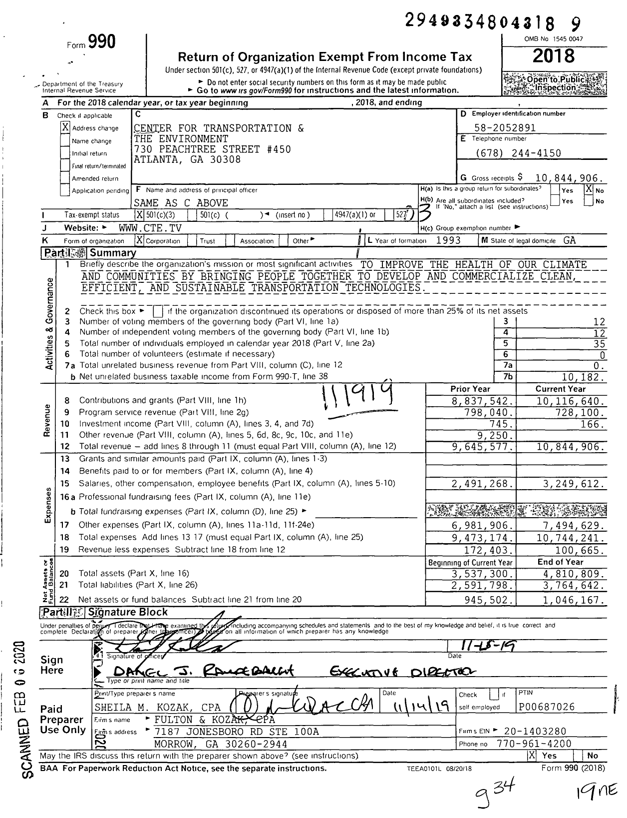 Image of first page of 2018 Form 990 for Center for Transportation and the Enviroment (CTE)