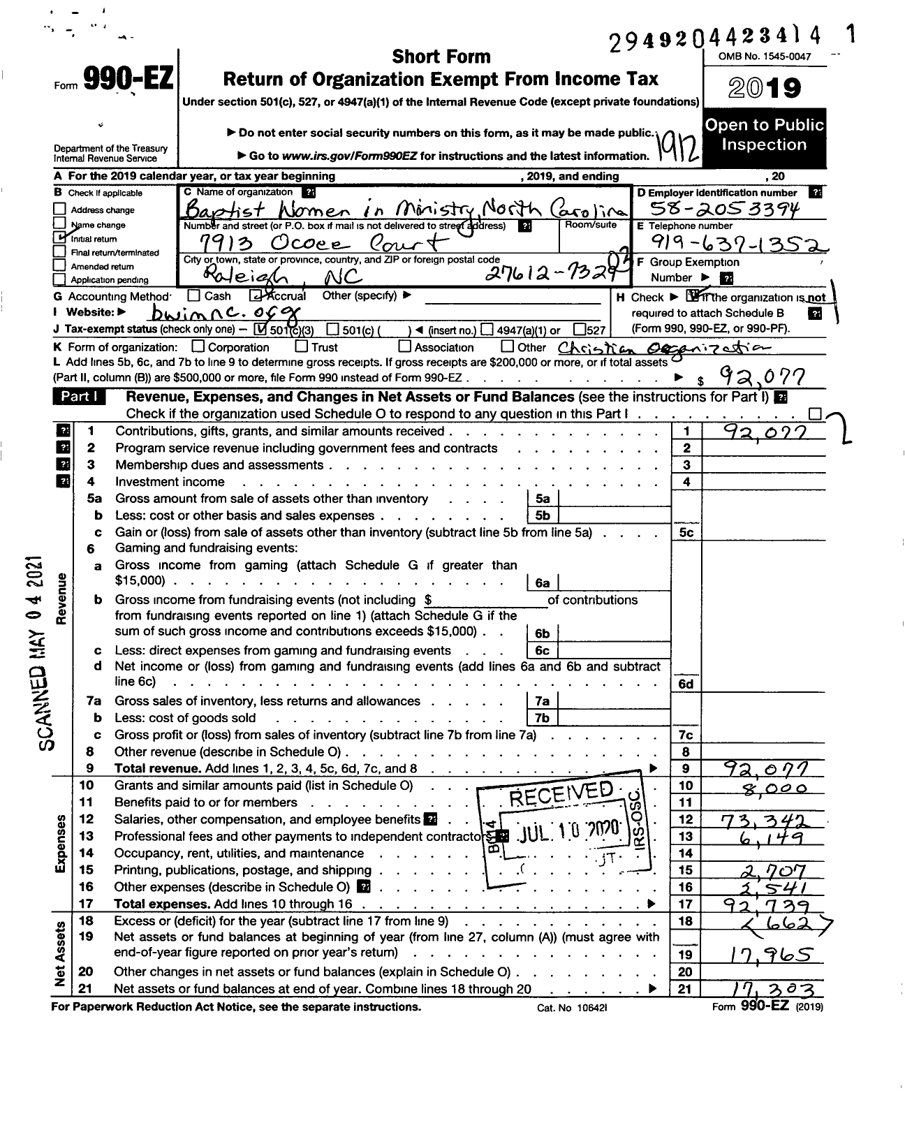 Image of first page of 2019 Form 990EZ for Baptist Women in Ministry North Carolina