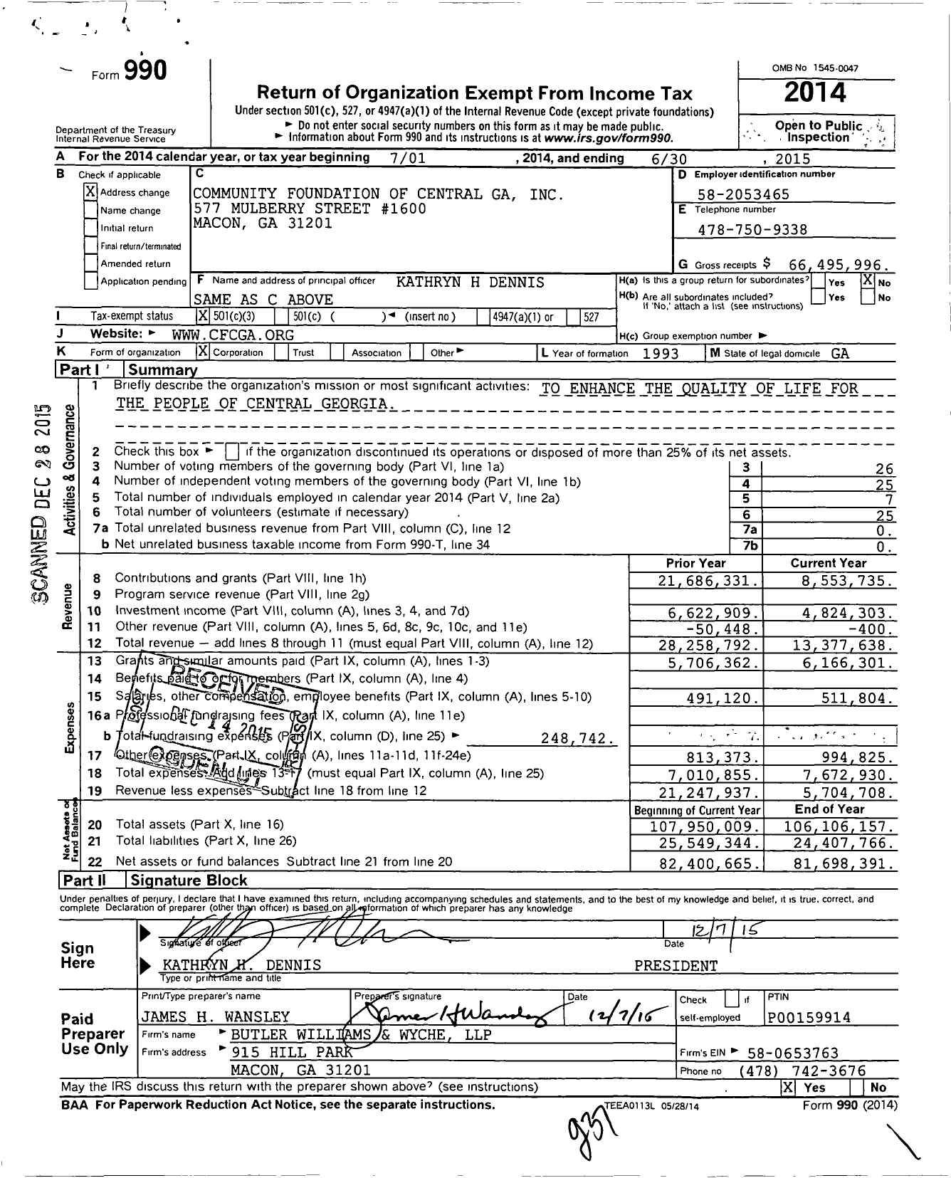 Image of first page of 2014 Form 990 for Community Foundation of Central Ga