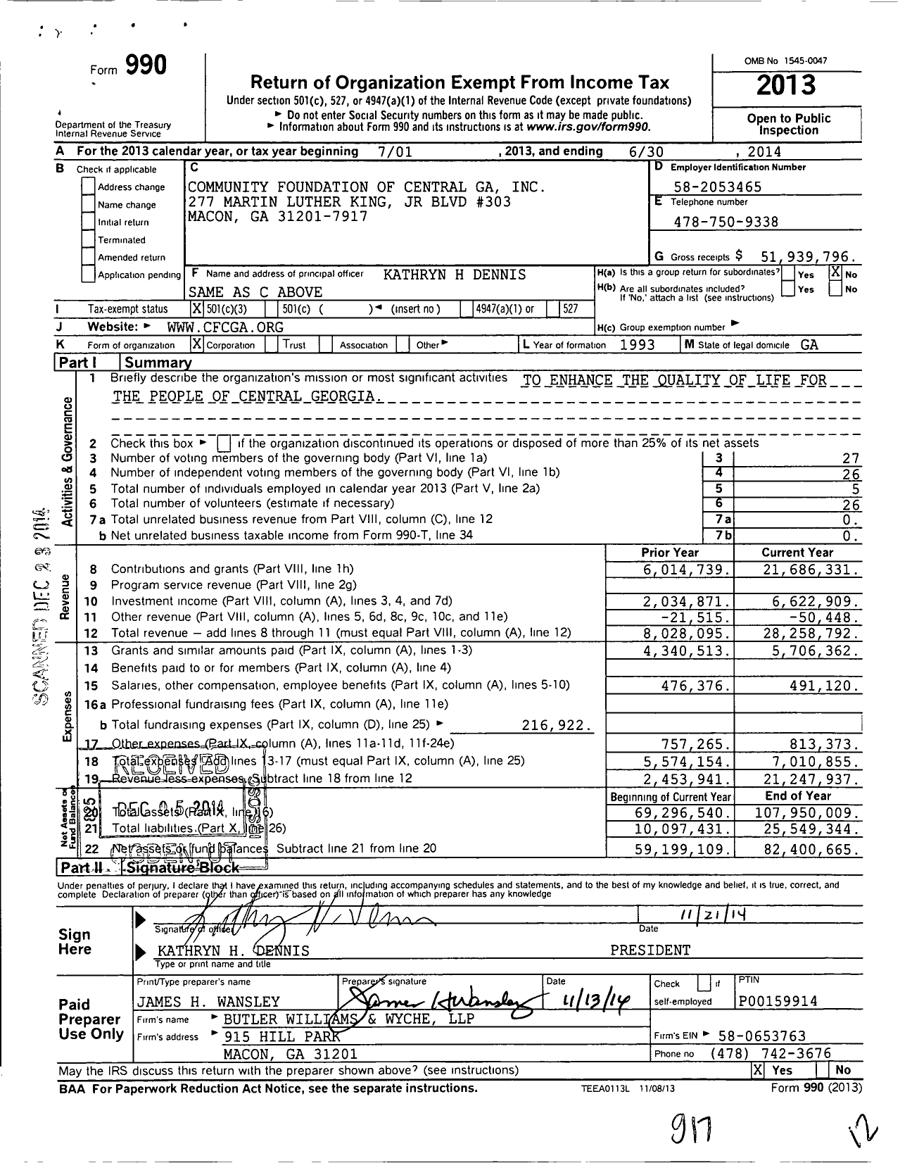 Image of first page of 2013 Form 990 for Community Foundation of Central Ga