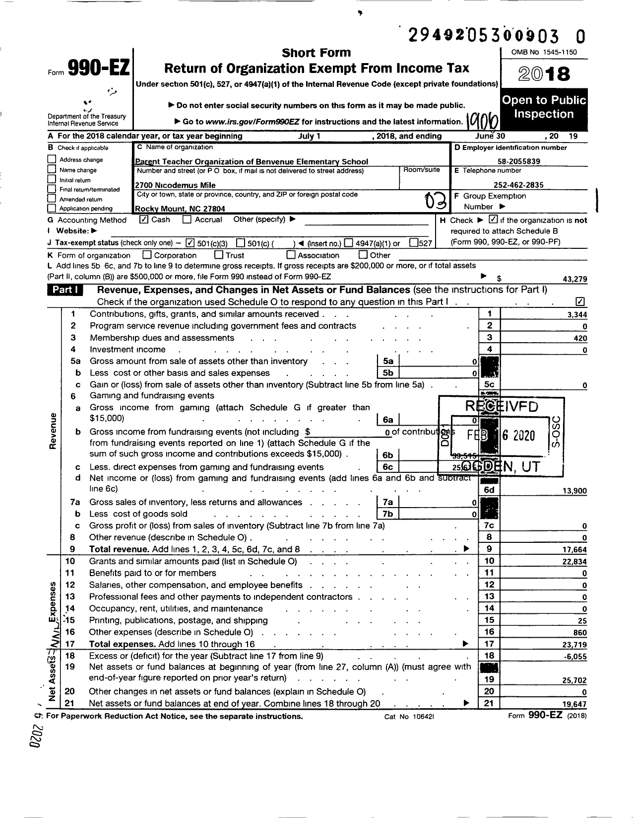 Image of first page of 2018 Form 990EZ for Parent-Teacher Organization of Benvenue Elementary School