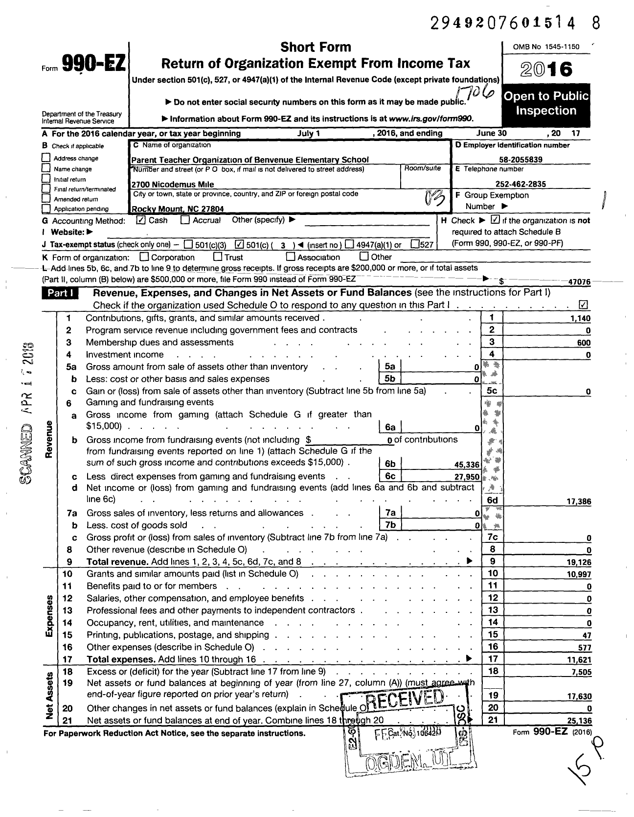 Image of first page of 2016 Form 990EZ for Parent-Teacher Organization of Benvenue Elementary School
