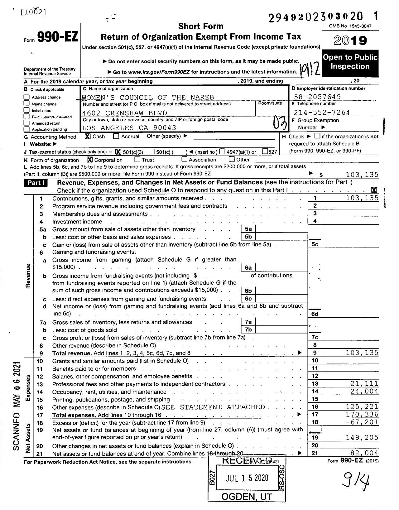 Image of first page of 2019 Form 990EZ for Women's Council of the Nareb