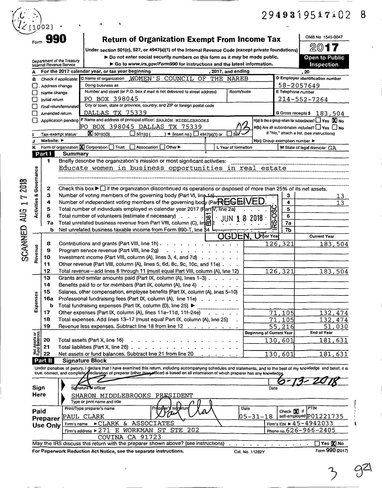 Image of first page of 2017 Form 990 for Women's Council of the Nareb