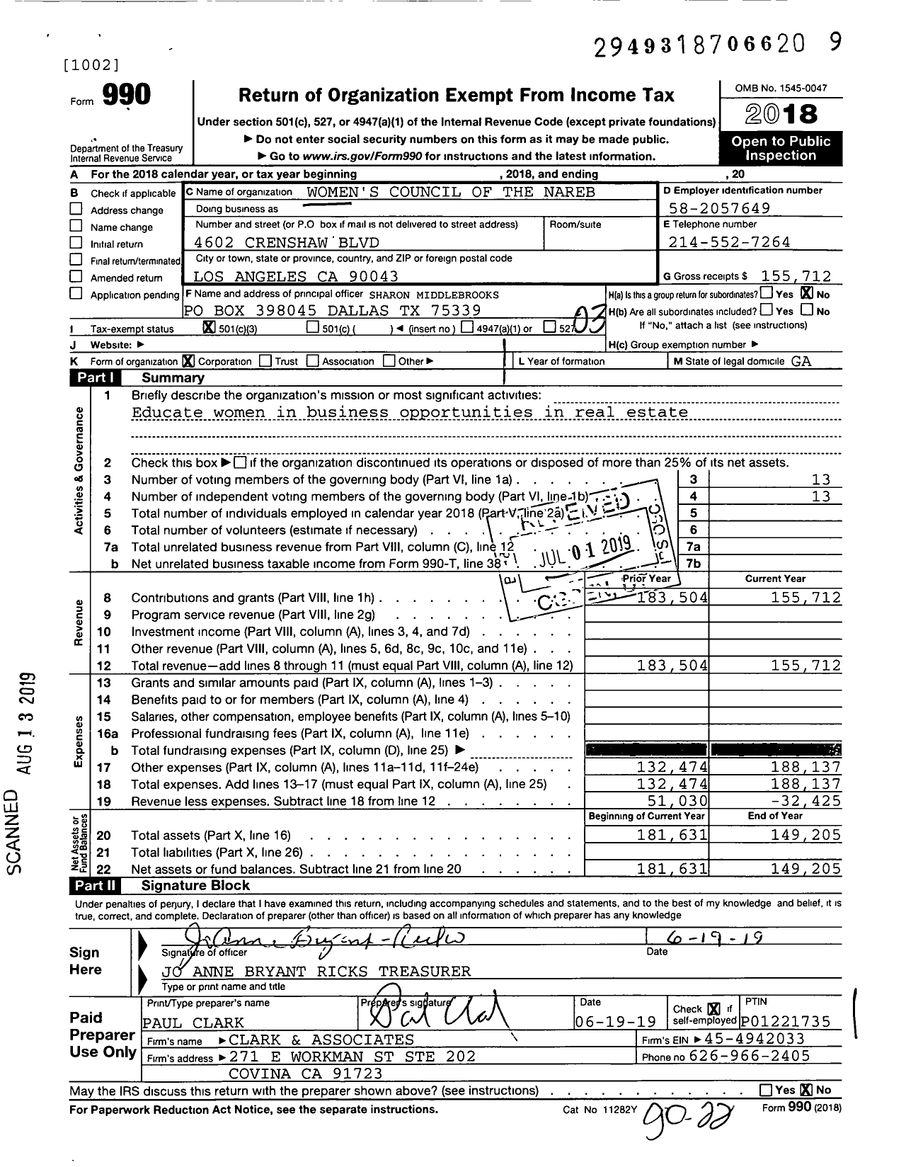 Image of first page of 2018 Form 990 for Women's Council of the Nareb