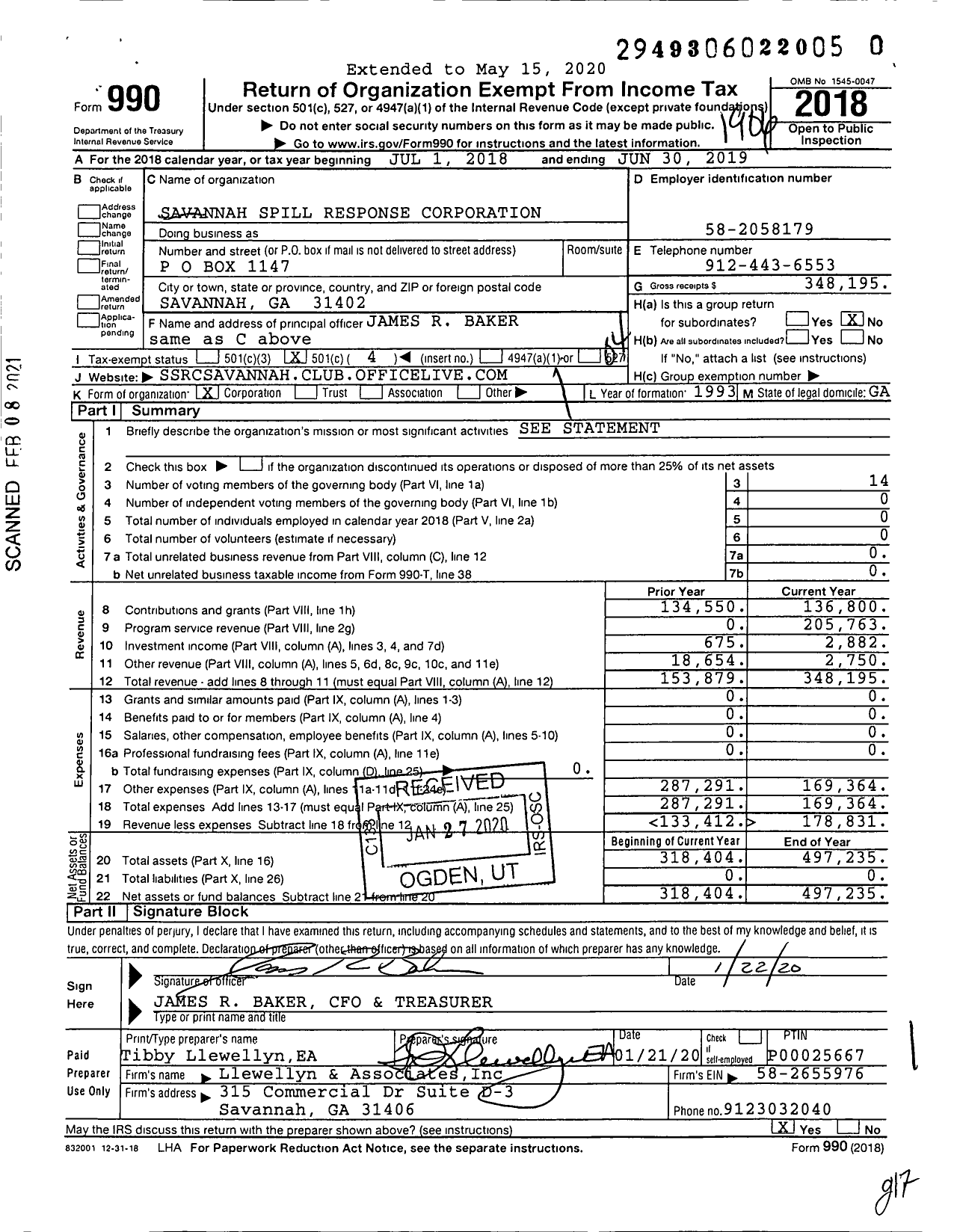 Image of first page of 2018 Form 990O for Savannah Spill Response Corporation