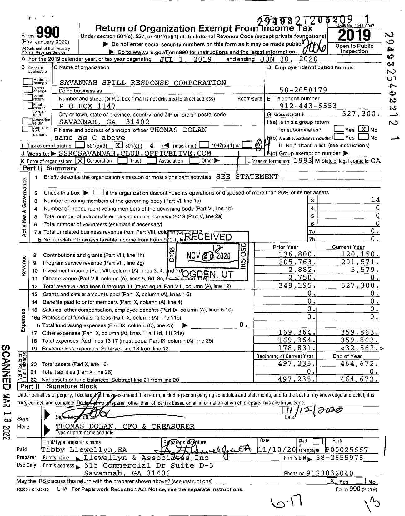 Image of first page of 2019 Form 990O for Savannah Spill Response Corporation