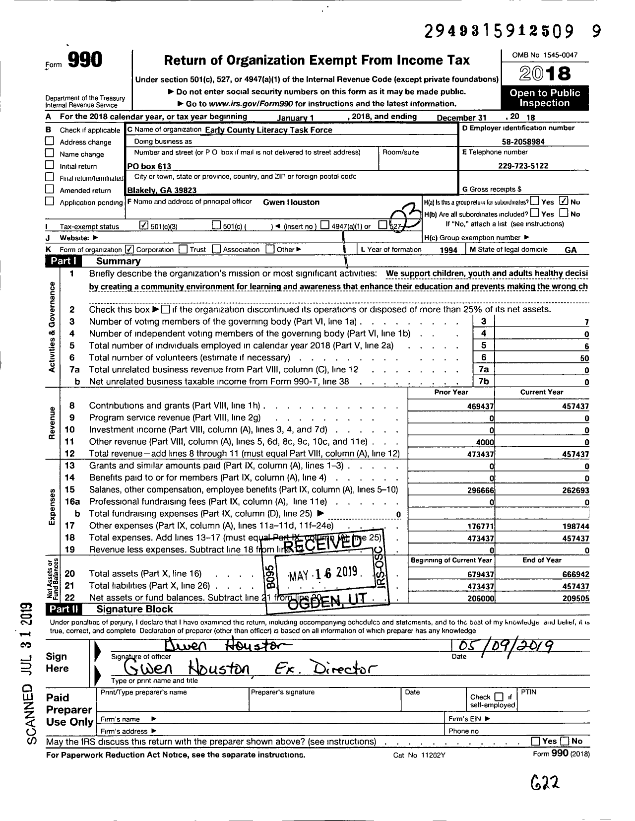 Image of first page of 2018 Form 990 for Early County Literacy Task Force