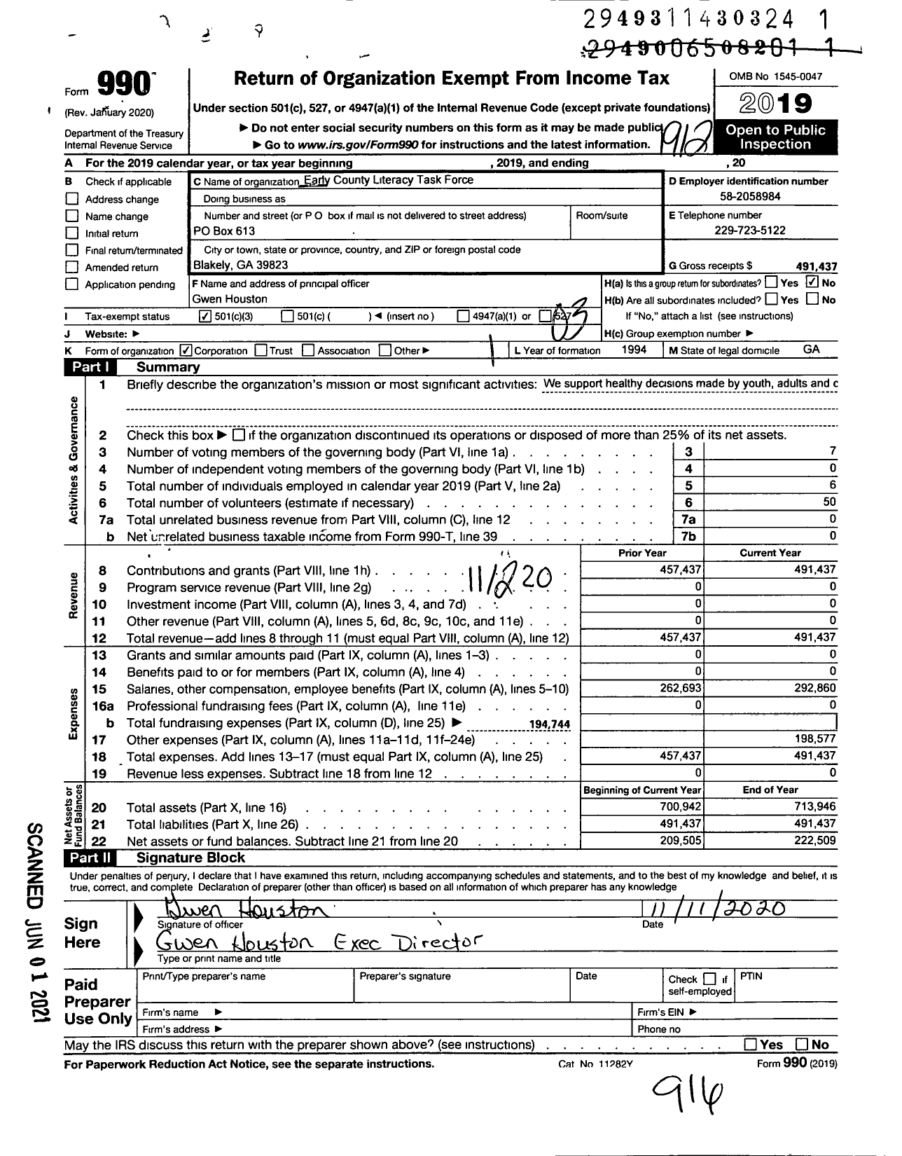 Image of first page of 2019 Form 990 for Early County Literacy Task Force