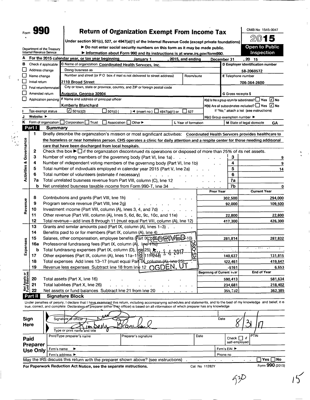 Image of first page of 2015 Form 990 for Coordinated Health Services