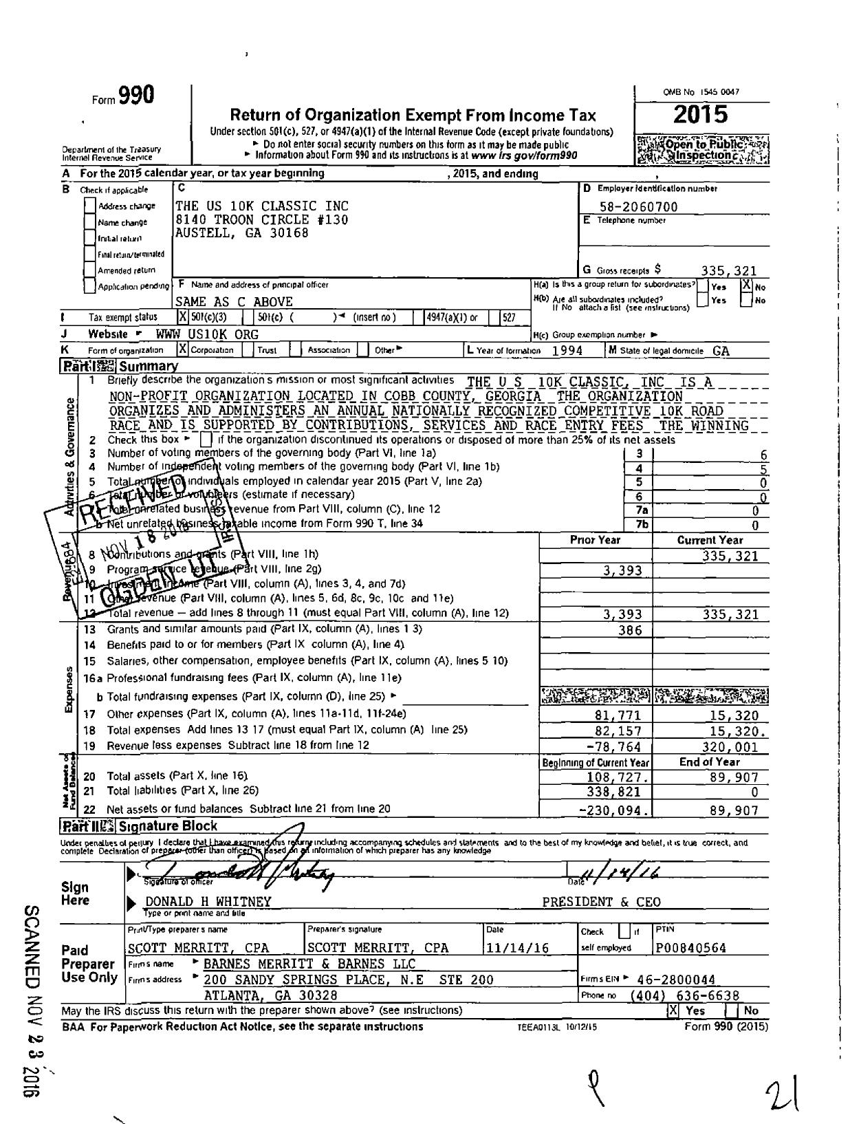 Image of first page of 2015 Form 990 for The Us 10k Classic