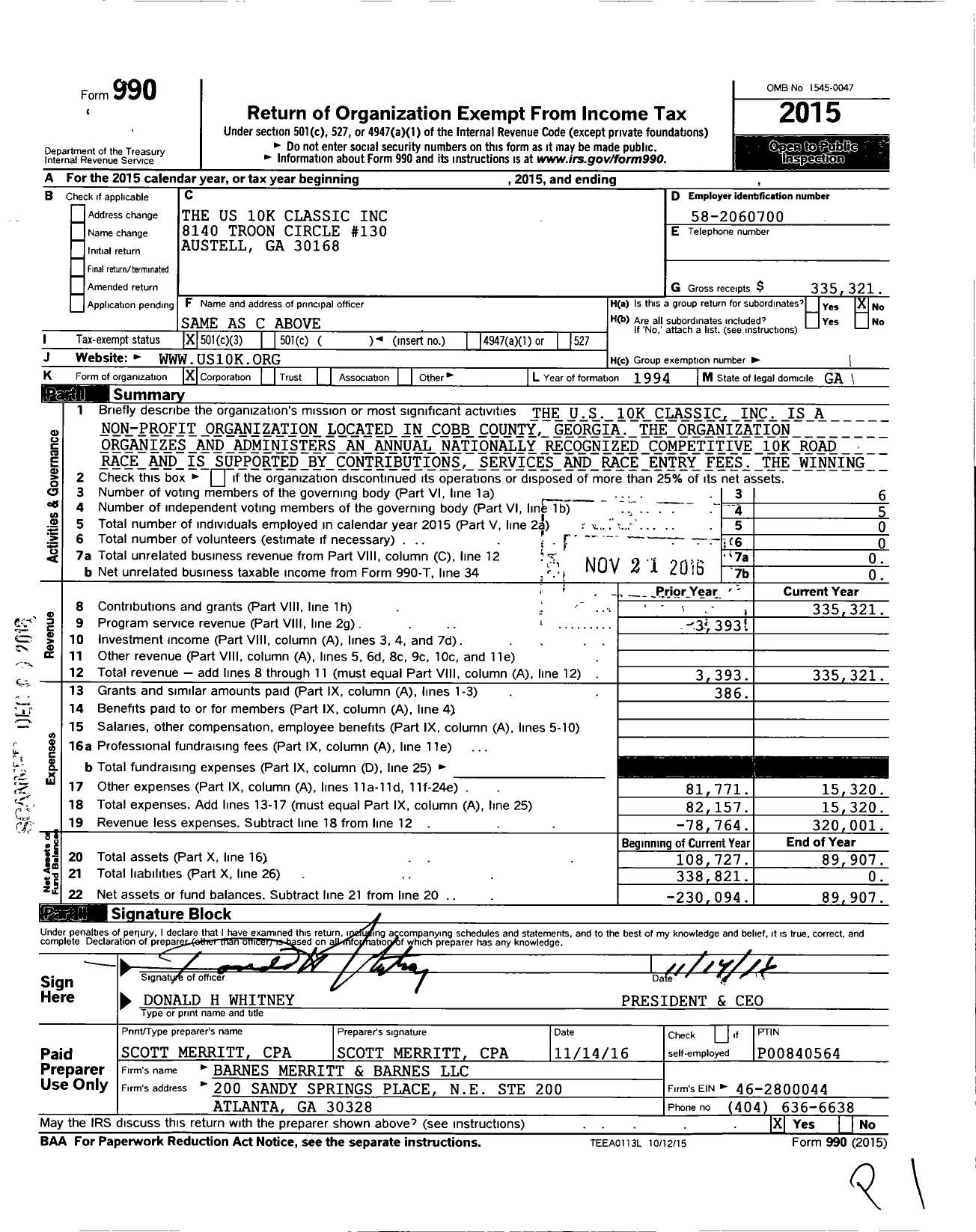 Image of first page of 2015 Form 990 for The Us 10k Classic