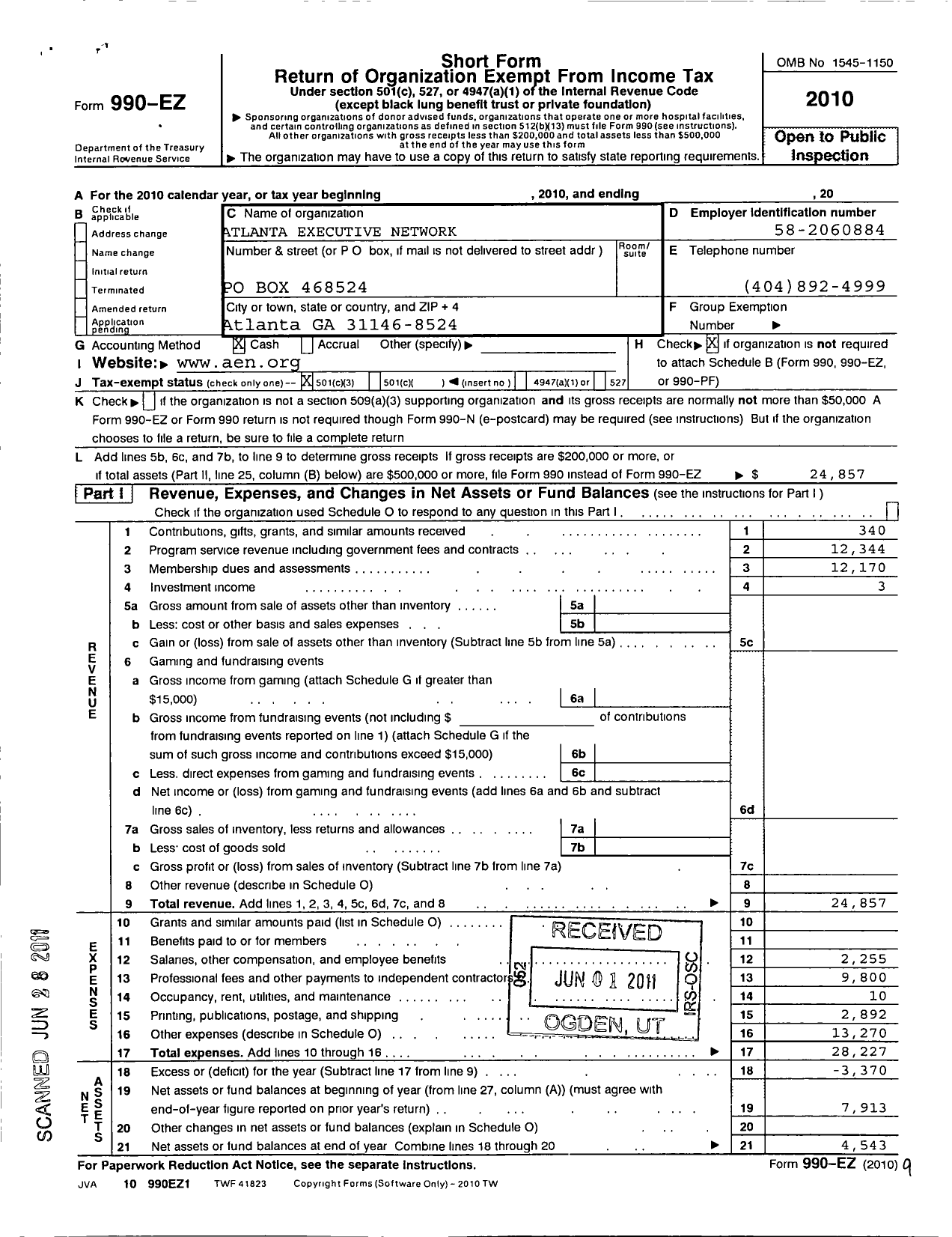 Image of first page of 2010 Form 990EZ for Atlanta Executive Network