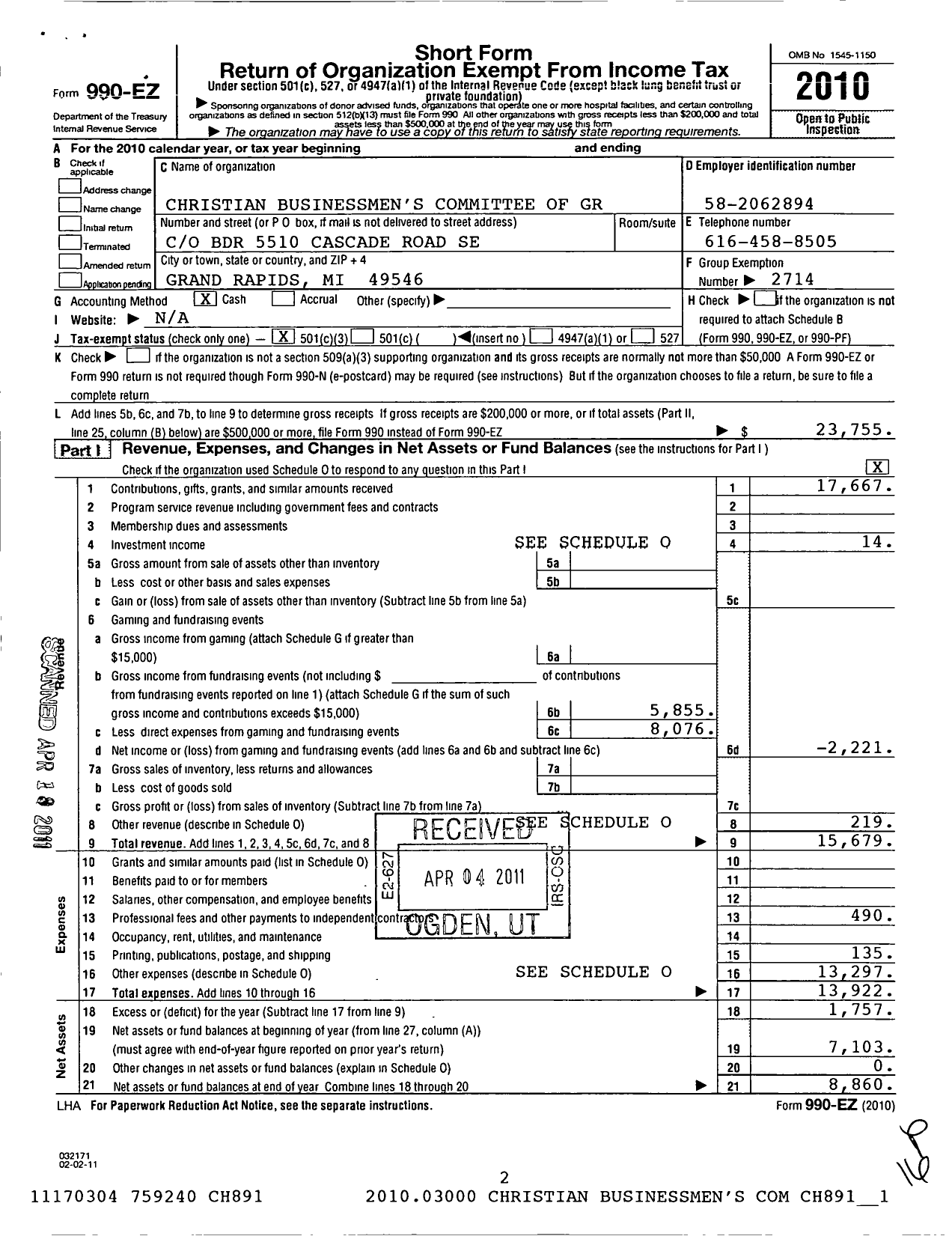 Image of first page of 2010 Form 990EZ for CBMC (CBMC Grand Rapids Metro Mi)