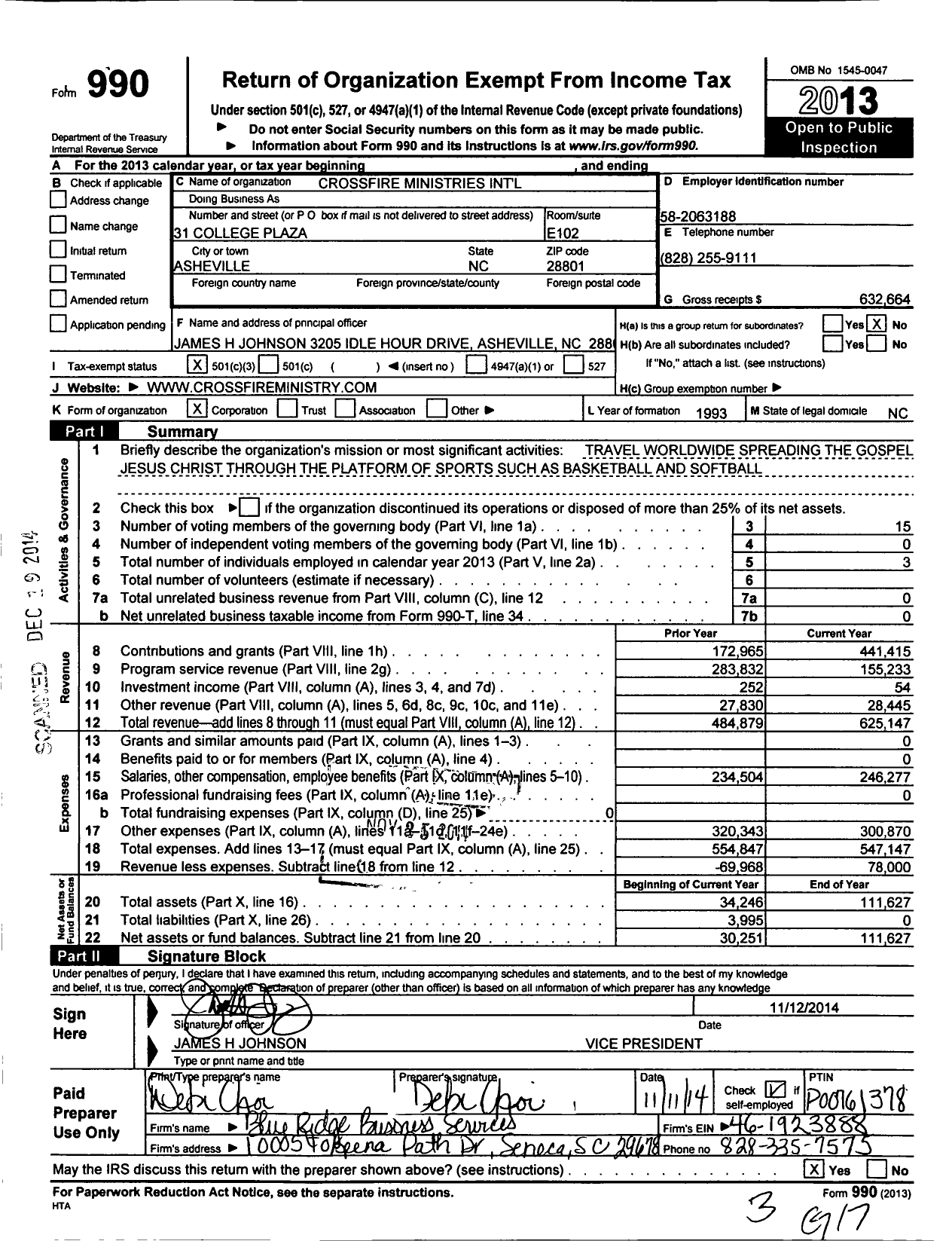 Image of first page of 2013 Form 990 for Crossfire Ministries International LLC