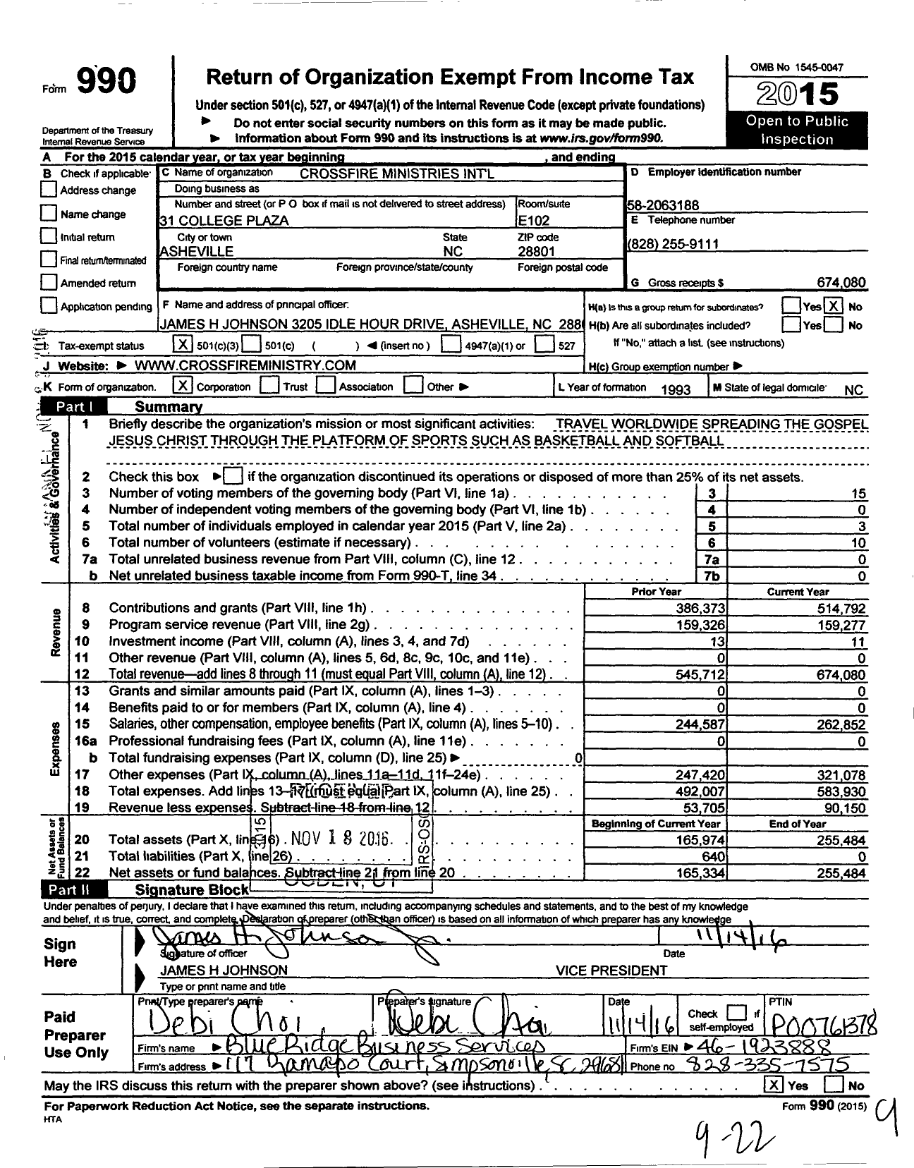Image of first page of 2015 Form 990 for Crossfire Ministries International LLC