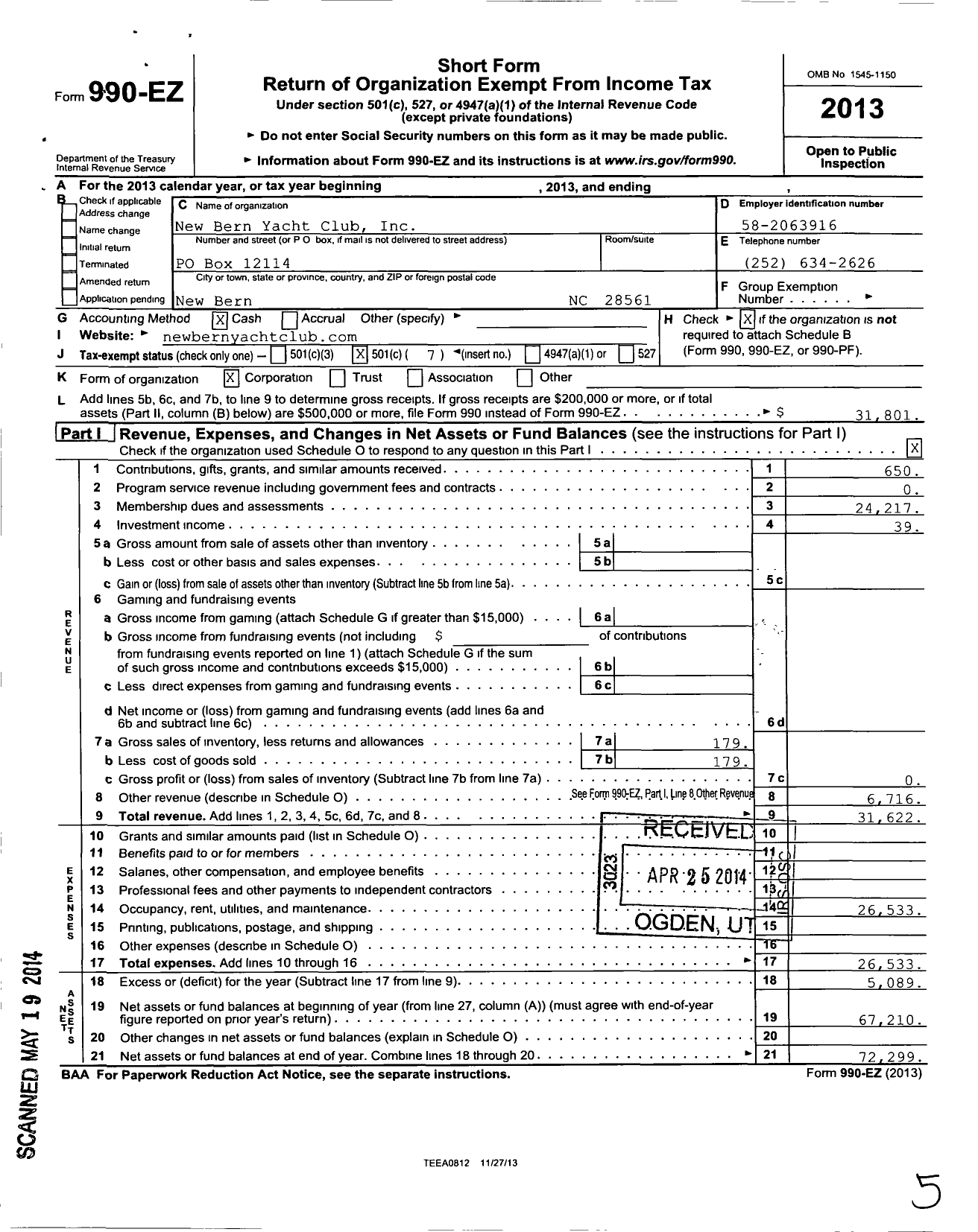 Image of first page of 2013 Form 990EO for New Bern Yacht Club