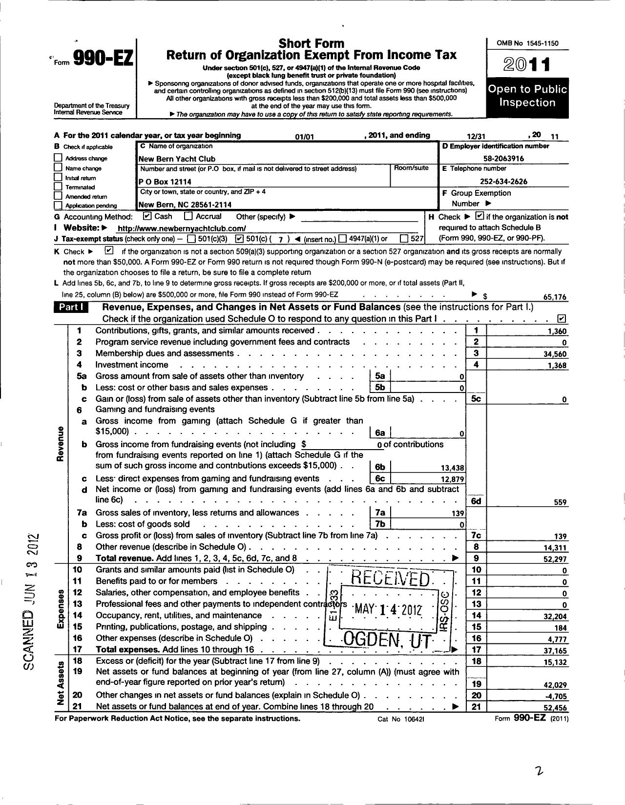 Image of first page of 2011 Form 990EO for New Bern Yacht Club