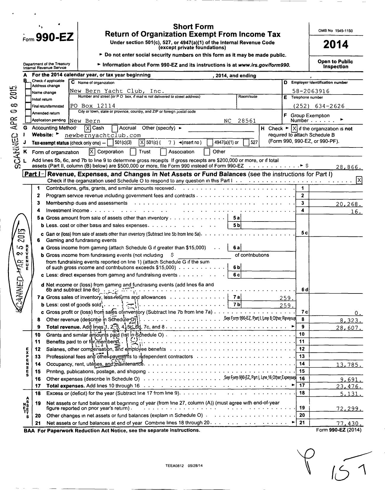 Image of first page of 2014 Form 990EO for New Bern Yacht Club