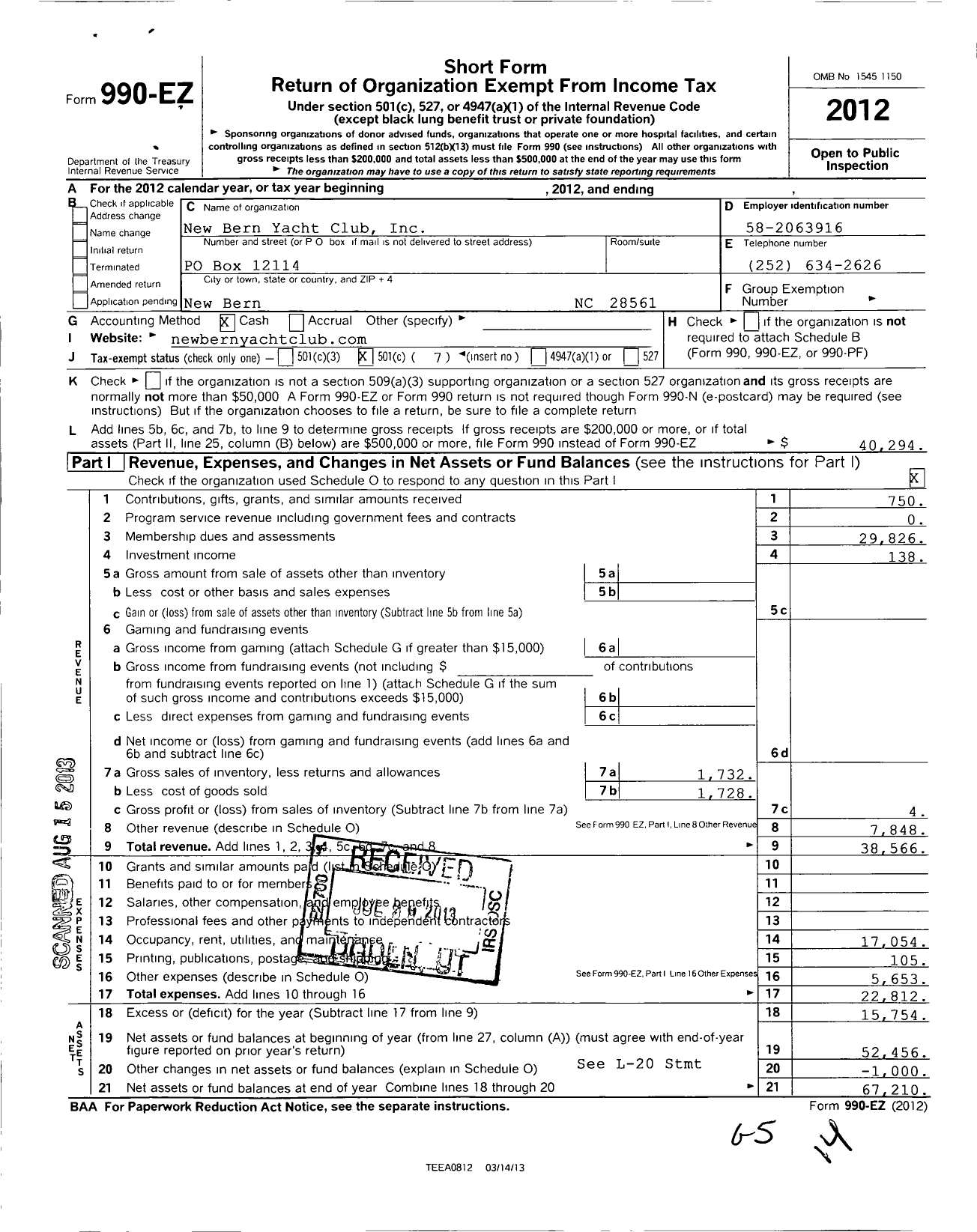 Image of first page of 2012 Form 990EO for New Bern Yacht Club