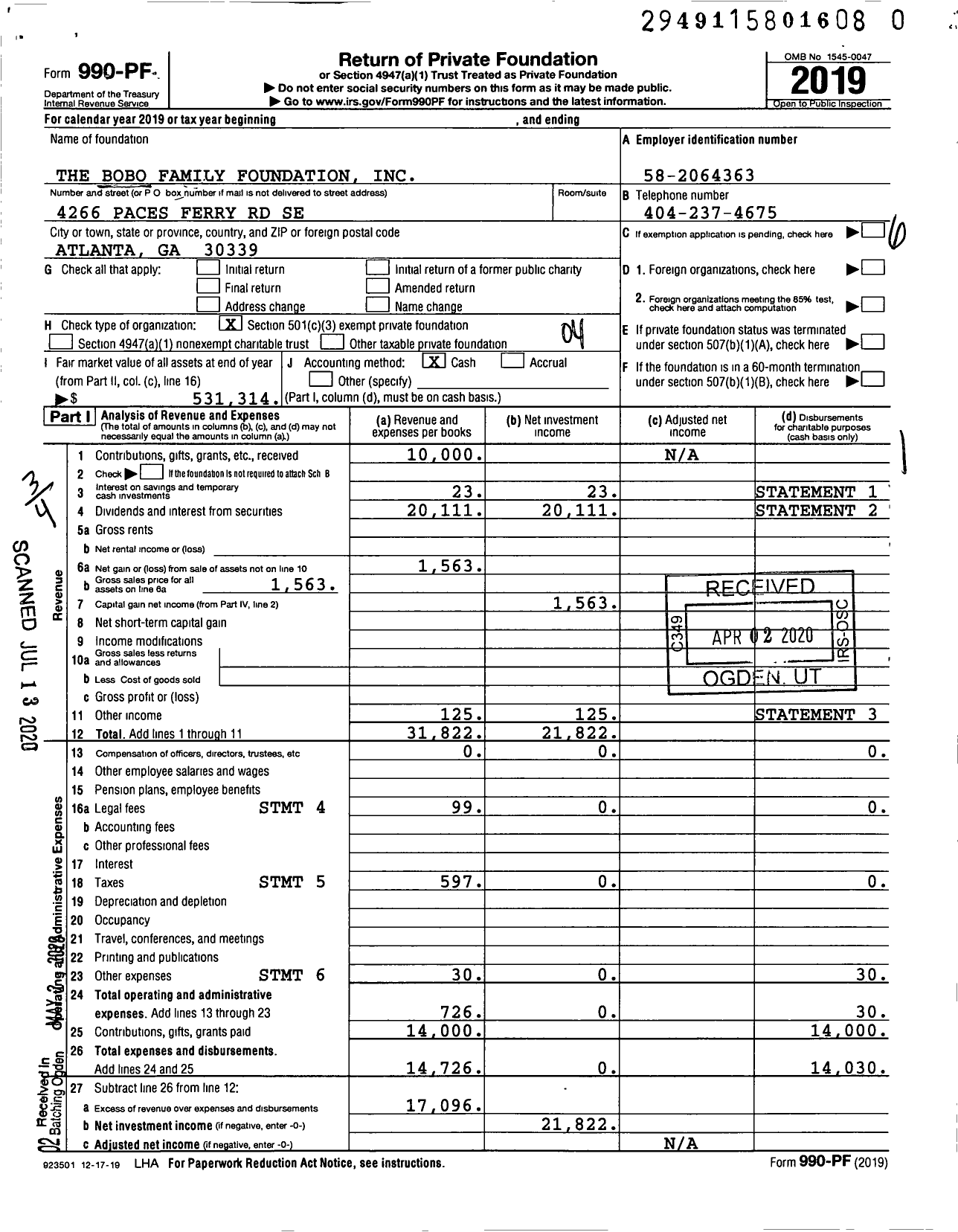 Image of first page of 2019 Form 990PR for The Bobo Family Foundation