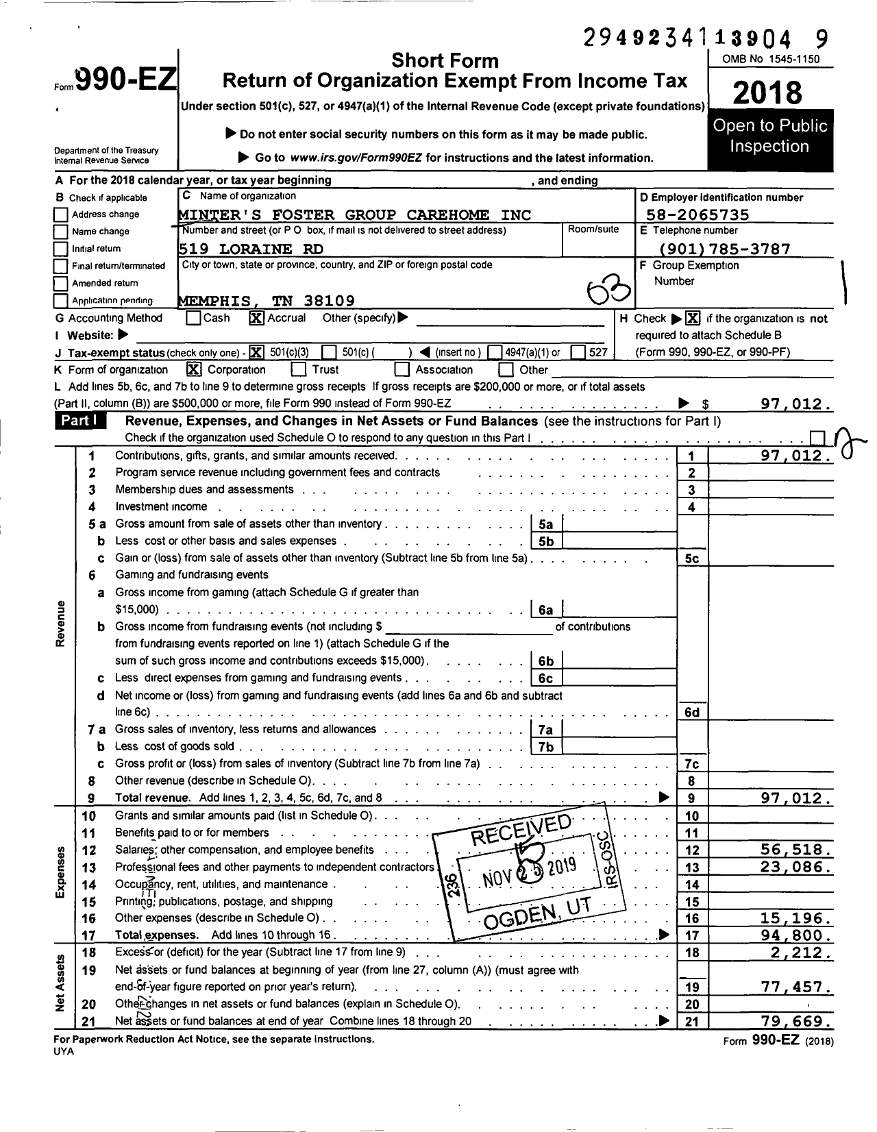 Image of first page of 2018 Form 990EZ for Minters Fosters Group Carehome