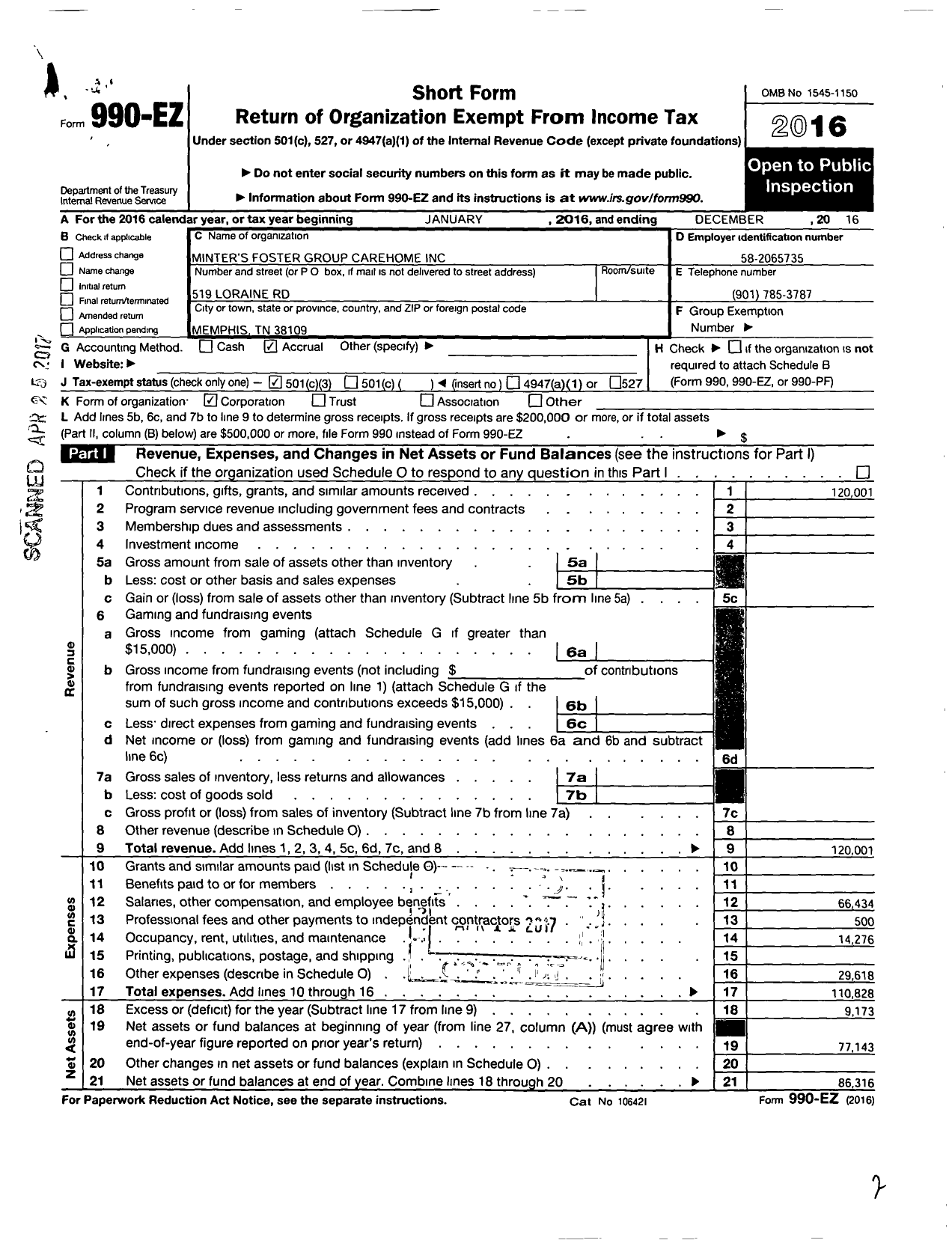 Image of first page of 2016 Form 990EZ for Minters Fosters Group Carehome