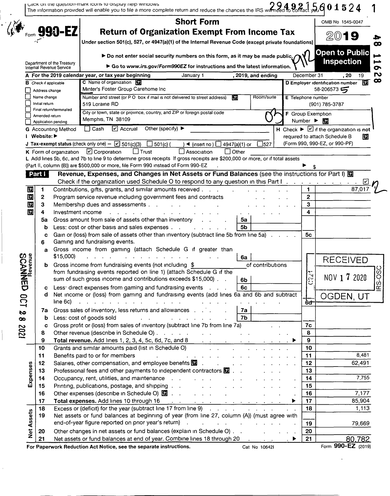 Image of first page of 2019 Form 990EZ for Minters Fosters Group Carehome