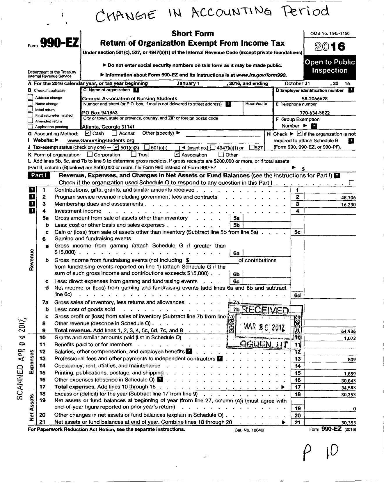 Image of first page of 2015 Form 990EZ for Georgia Association of Nursing Students