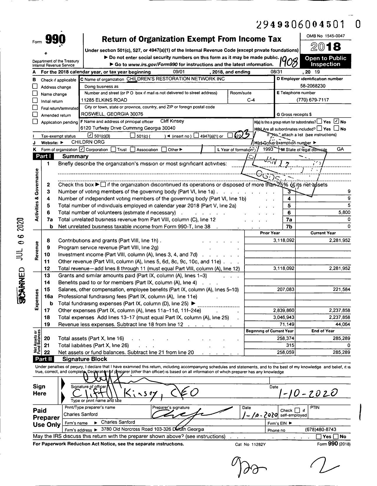 Image of first page of 2018 Form 990 for Children's Restoration Network