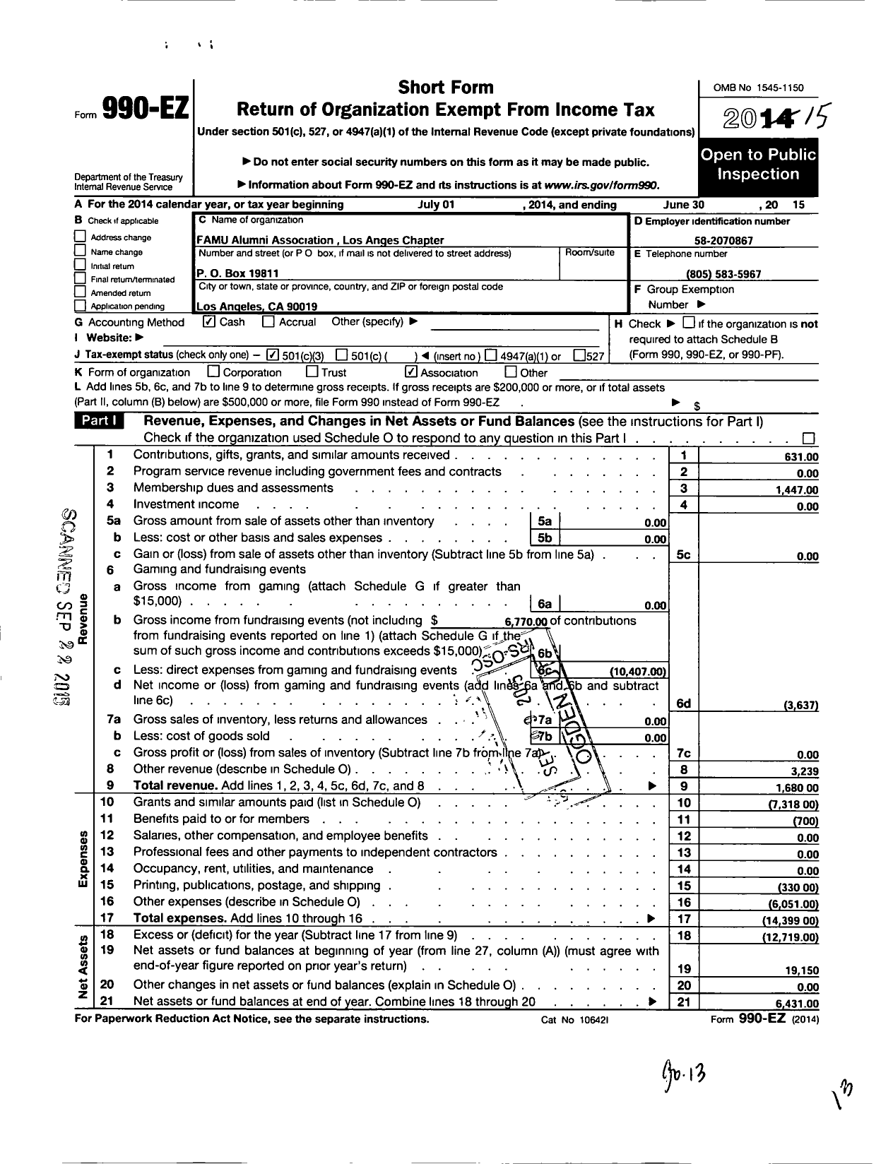 Image of first page of 2014 Form 990EZ for Florida A and M University National Alumni Association / Southern California Los Angeles