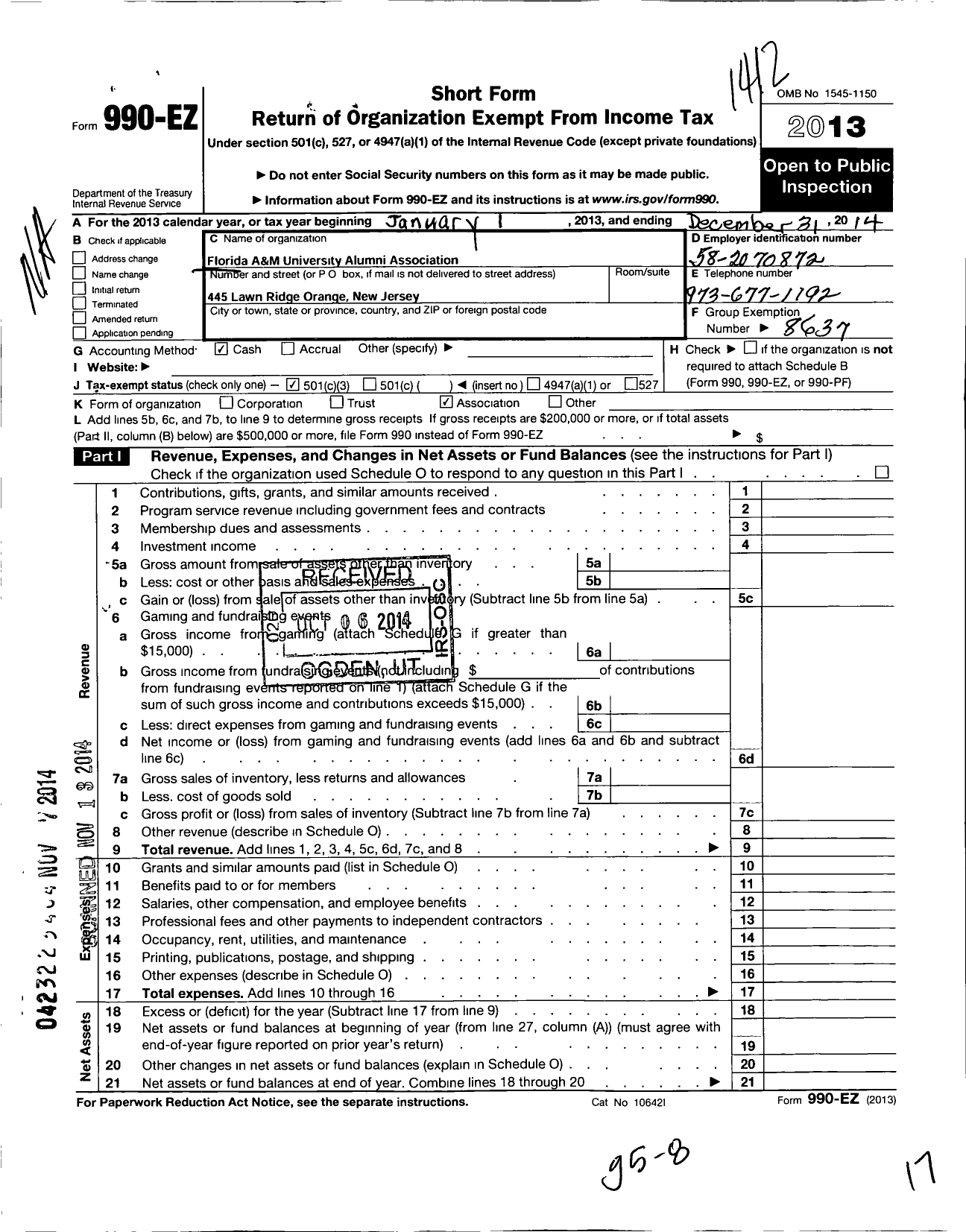 Image of first page of 2014 Form 990EZ for Florida A and M University National Alumni Association / New Jersey Chapter