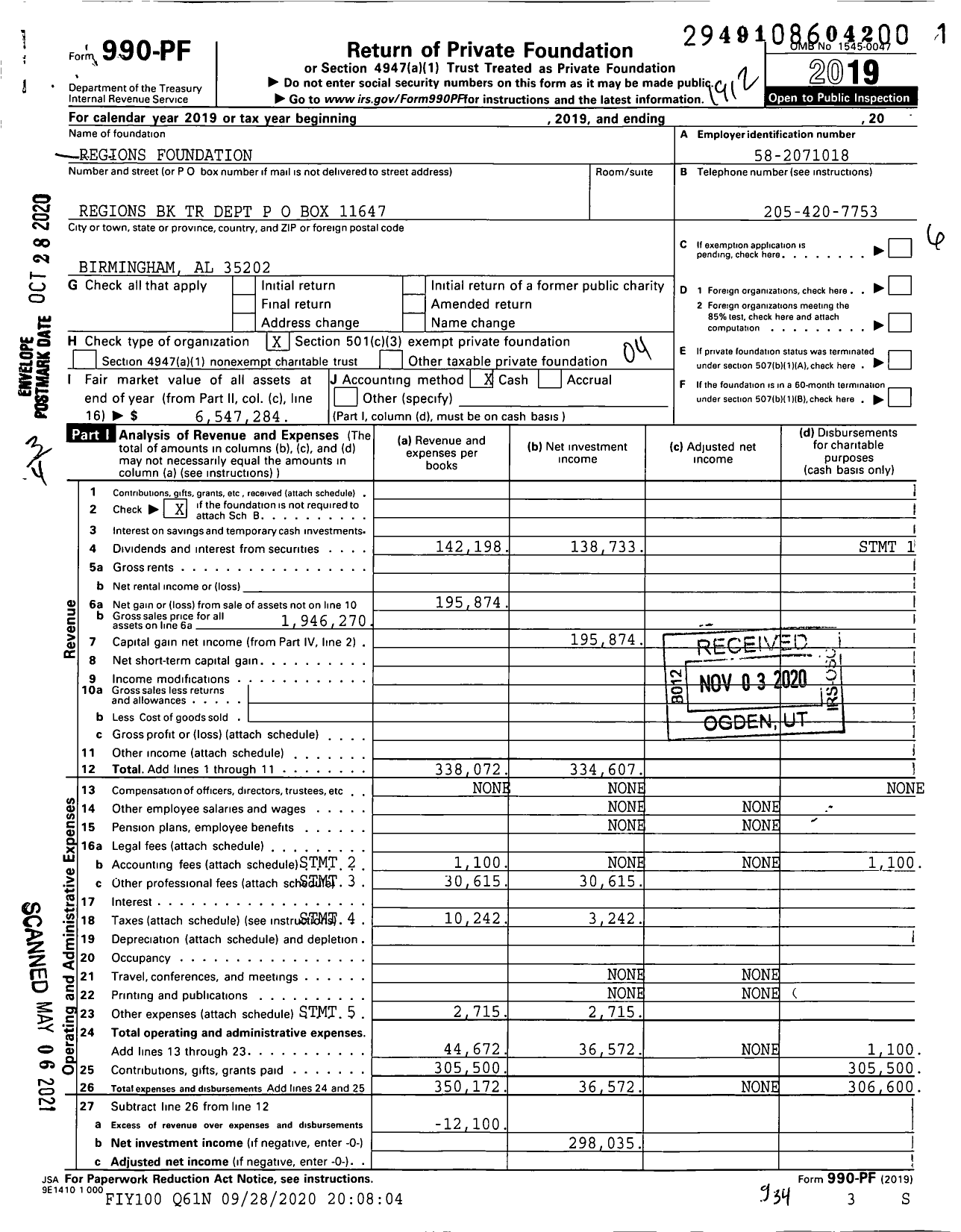 Image of first page of 2019 Form 990PF for Regions Foundation