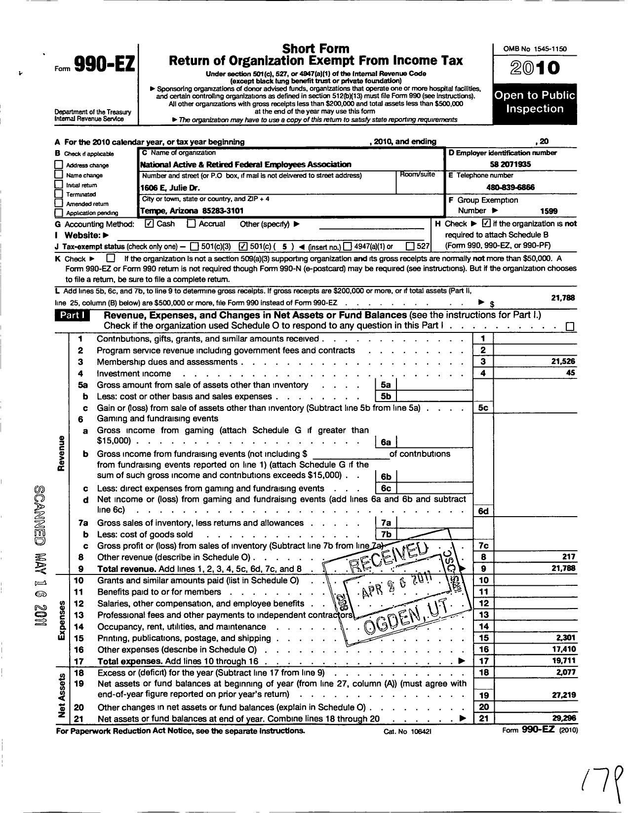 Image of first page of 2010 Form 990EO for National Active and Retired Federal Employees Association