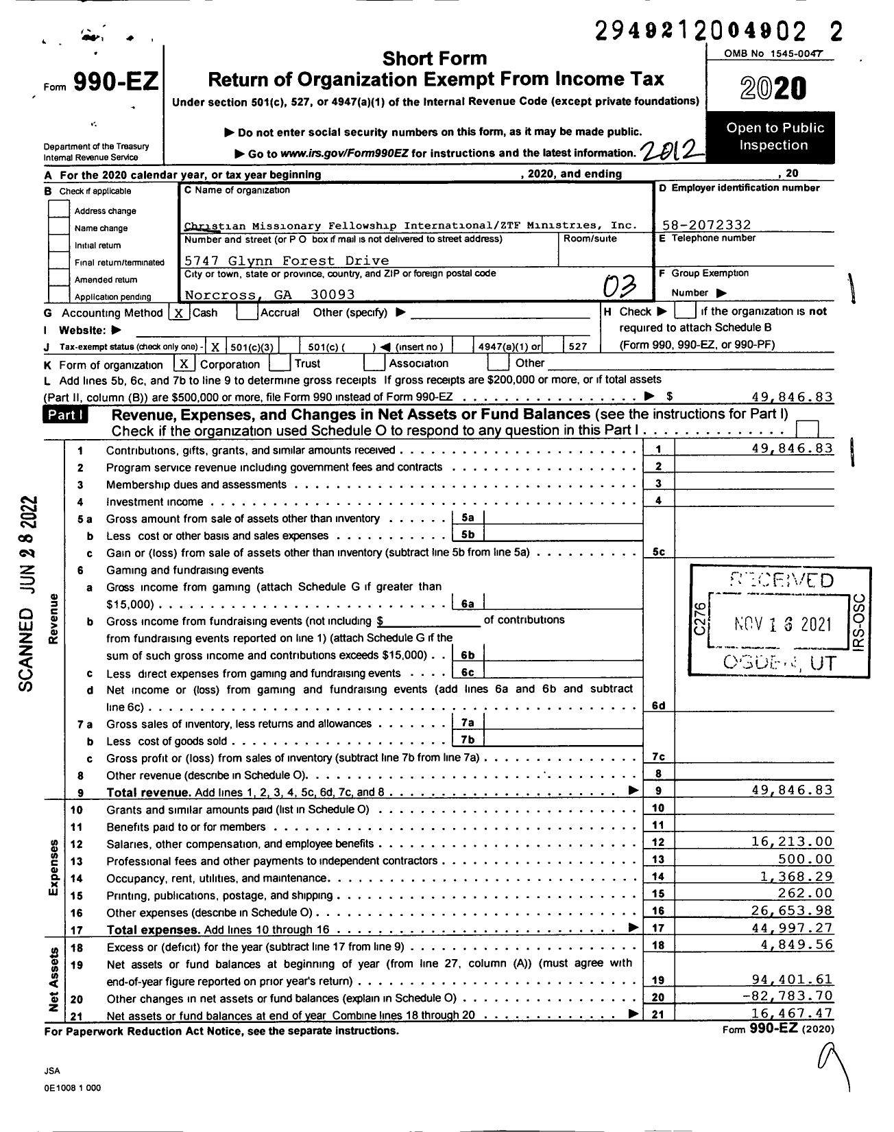 Image of first page of 2020 Form 990EZ for Christian Missionary Fellowship International ZTF Ministires