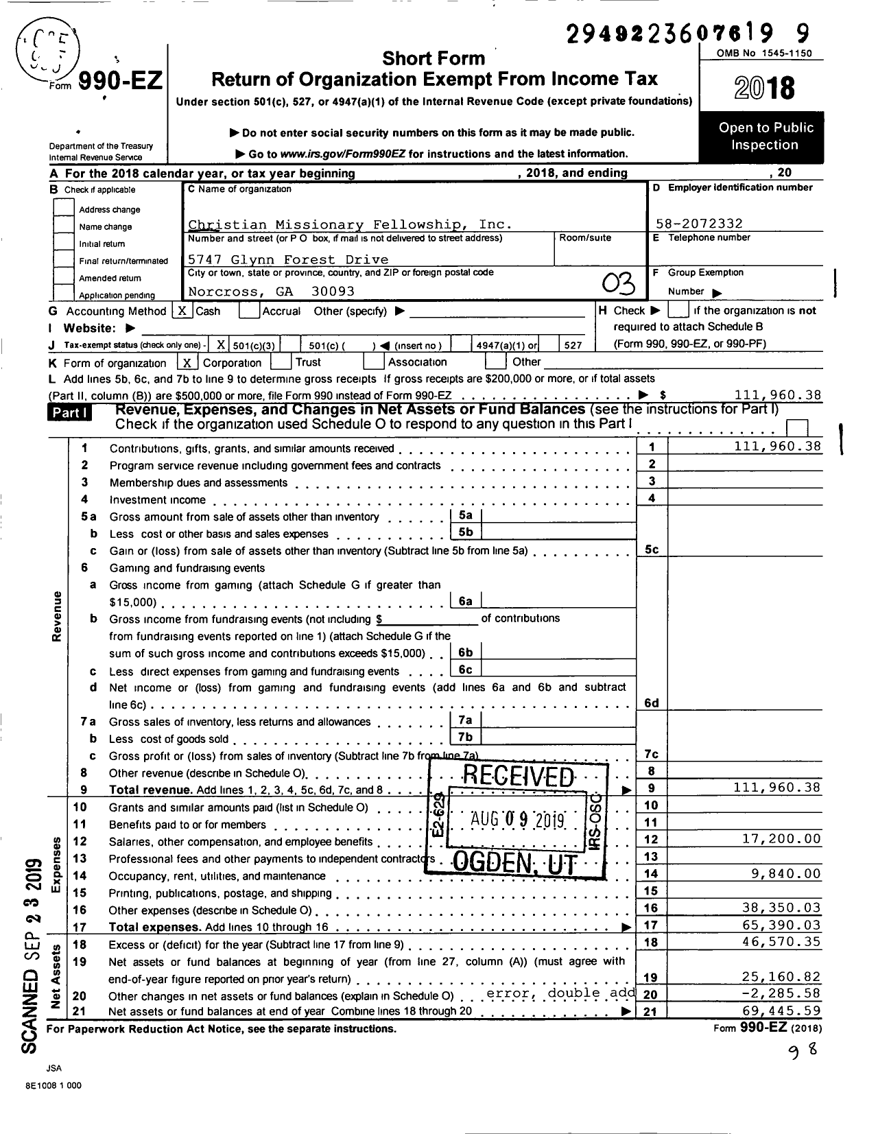 Image of first page of 2018 Form 990EZ for Christian Missionary Fellowship International ZTF Ministires