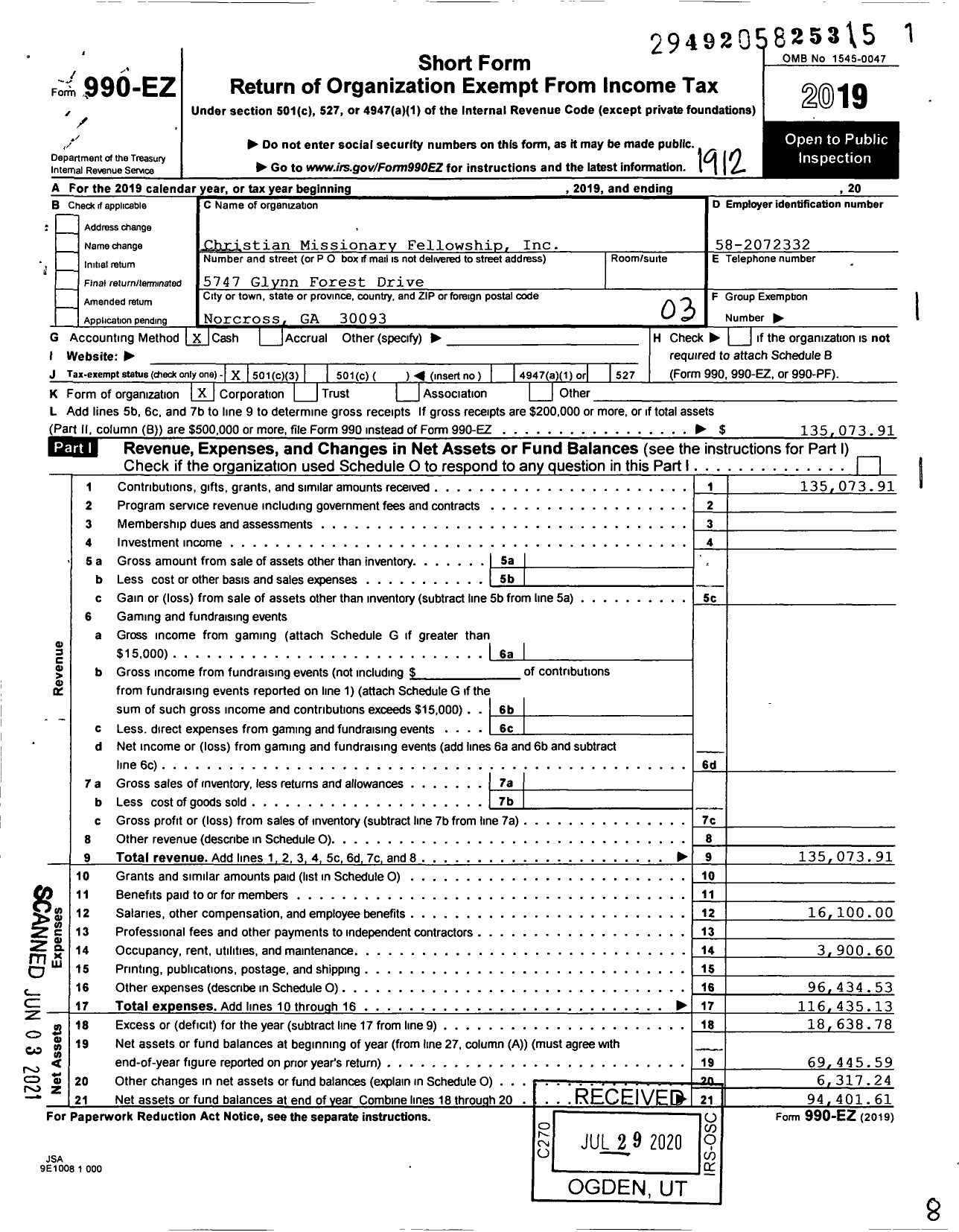 Image of first page of 2019 Form 990EZ for Christian Missionary Fellowship International ZTF Ministires