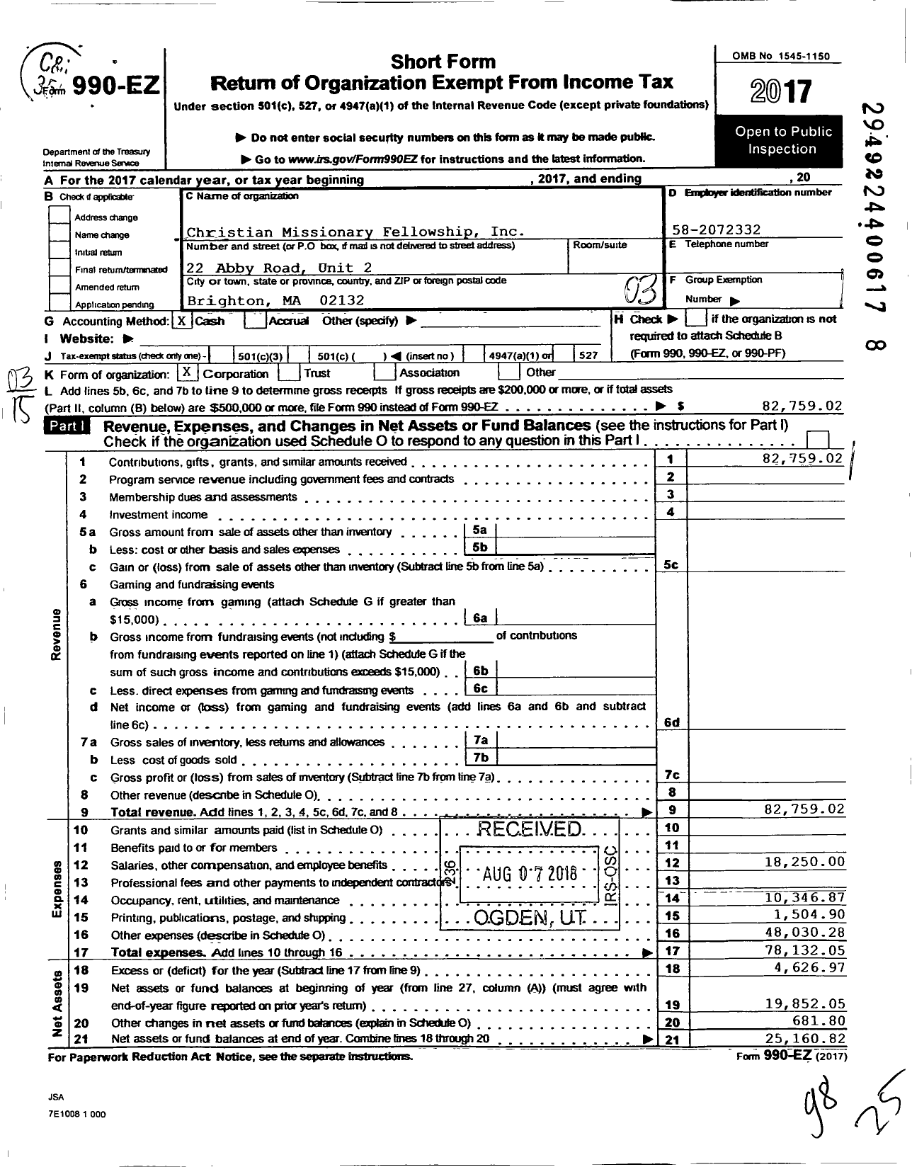 Image of first page of 2017 Form 990EZ for Christian Missionary Fellowship International ZTF Ministires